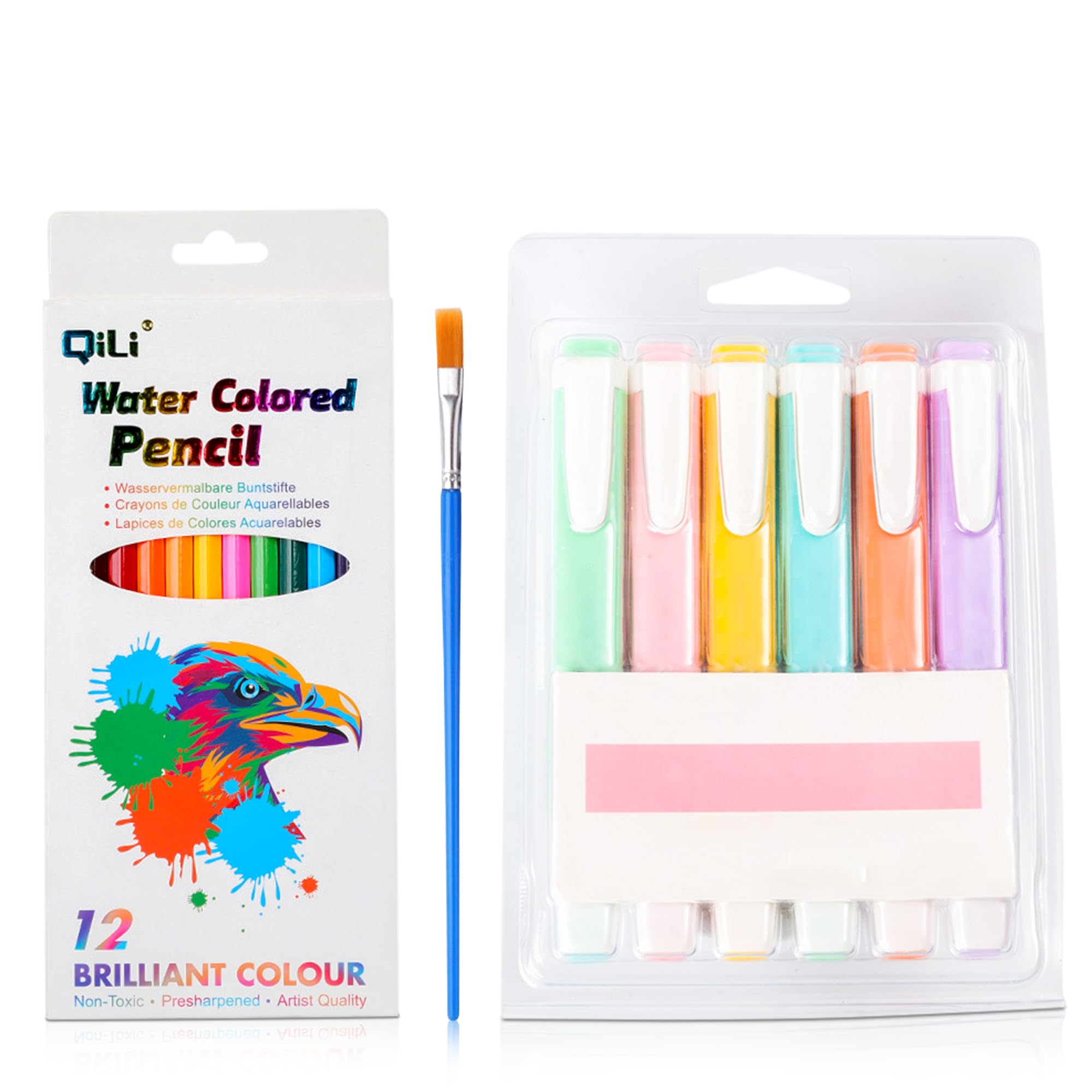 Rotuladores subrayadores+ Lápices Acuarelables, Subrayadores Pastel, Lapices de Colores Acuarelables 12, Rotuladores Pastel 6, Estuche de Pintura, Fosforitos, Marcadores Fluorescentes