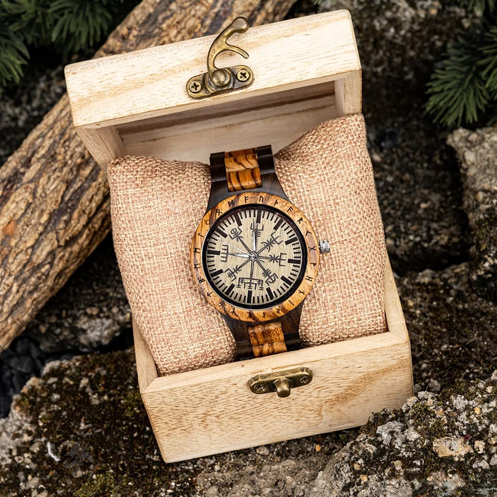 Orologi da Uomo in Legno con Rune Vichinghe Orologi da Polso Casual Regolabili con Incisione Fatta A Mano Vintage con Catena E Scatola Regalo in Legno