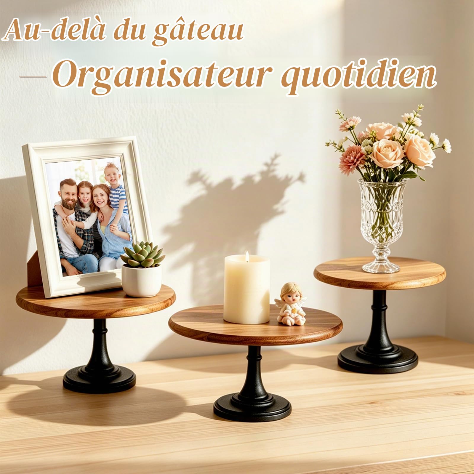 NUPTIO Ensemble Présentoirs à Gâteaux Bois : Présentoir Rustique Gâteaux de Mariage Dessert Plaque d'Affichage Socle Bois Présentoir à Gâteaux Anniversaire Baby Shower, Ensemble de 3