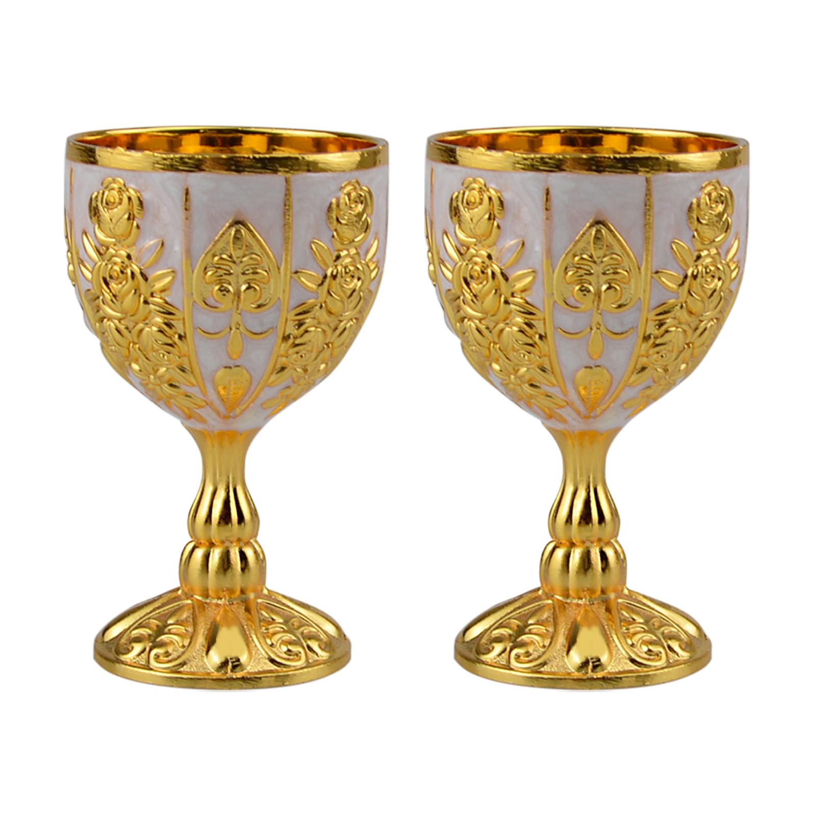 2Pcs Vintage Chalice Medieval Goblet, 30Ml Brass Royal Wine Glass Cups Medieval for Wedding Anniversary, Gold Goblet Cups for Renaissance Gifts Novelty Ceremonial Catholic Church Baptism Holy (White)