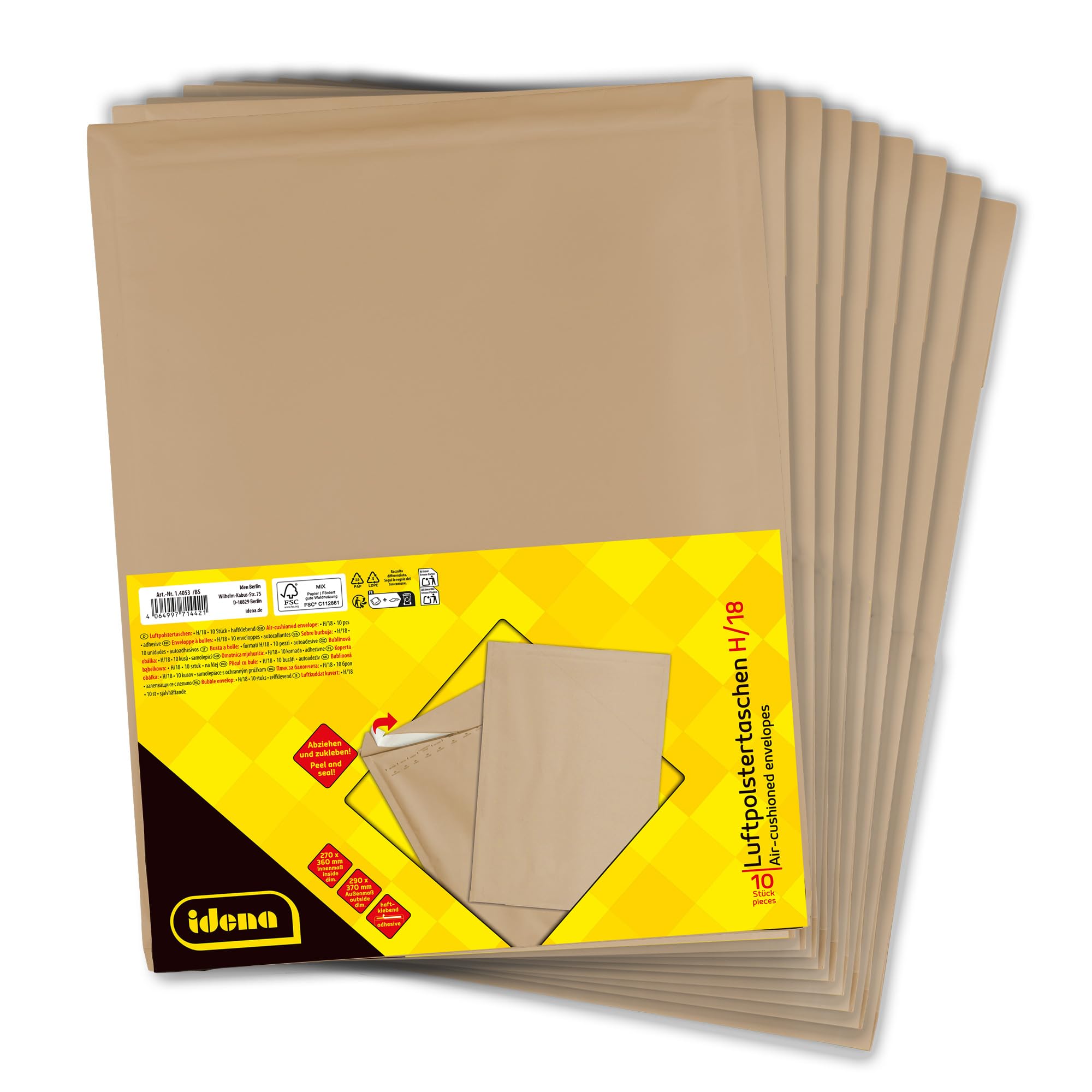 Idena 90580 - Enveloppes matelassées H/18, 100 pièces de 29 x 37 cm, pochettes d'expédition autocollantes, enveloppes matelassées en papier FSC-Mix marron