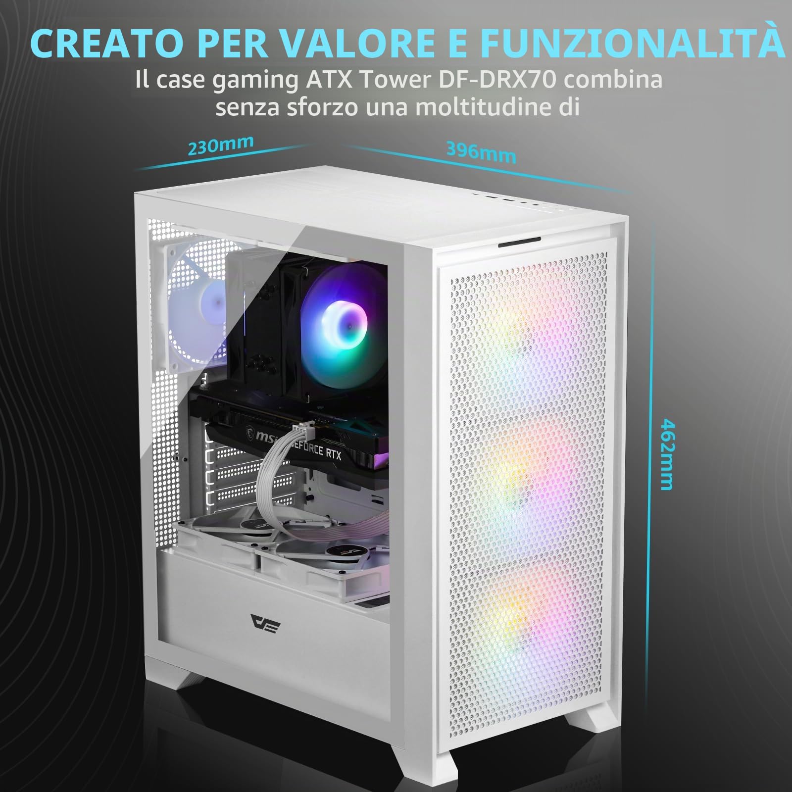 darkFlash Case PC Mid-tower ATX Gaming, 3x120mm Ventole RGB Fisse Preinstallate, Pannello Frontale Rete Grande Rimovibile, USB 3.0, Pannello Laterale Vetro Temperato, Case Flusso D'aria, Bianco(DRX70)