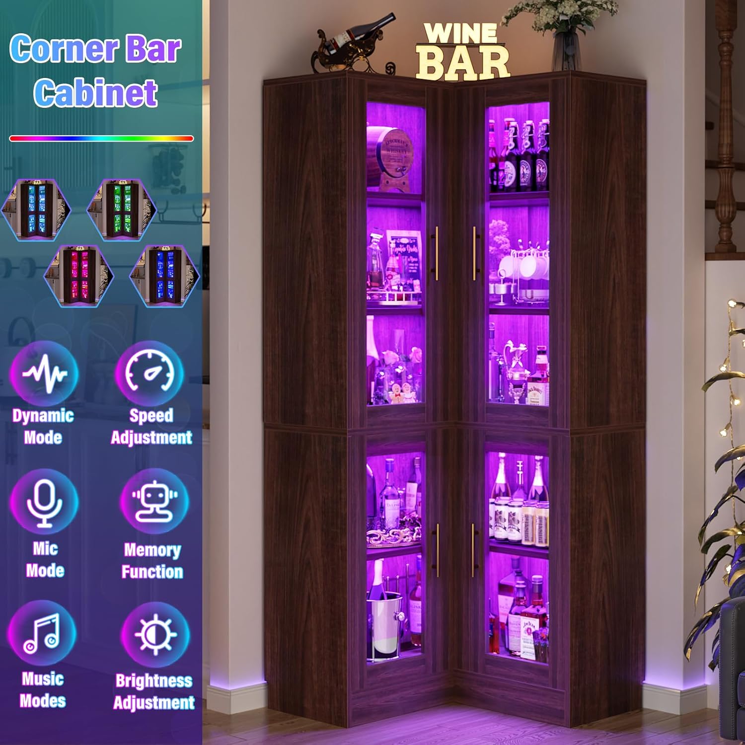 Armocity Corner Display Cabinet with Glass Doors, Display Cabinet with RGB Light Strips, Corner Kitchen Pantry Storage Cabinet with Doors, 70" Tall Bar Cabinet, Black Walnut