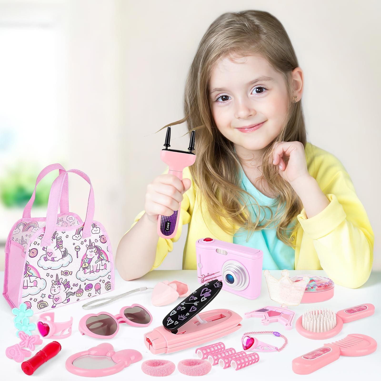 deAO Maquillaje para Niñas,Juego de Belleza Estilismo y Moda Conjunto de Accesorios Fashion Bolso de Mano Incluye Maquillaje Artificial Teléfono y Cámara de Juguete