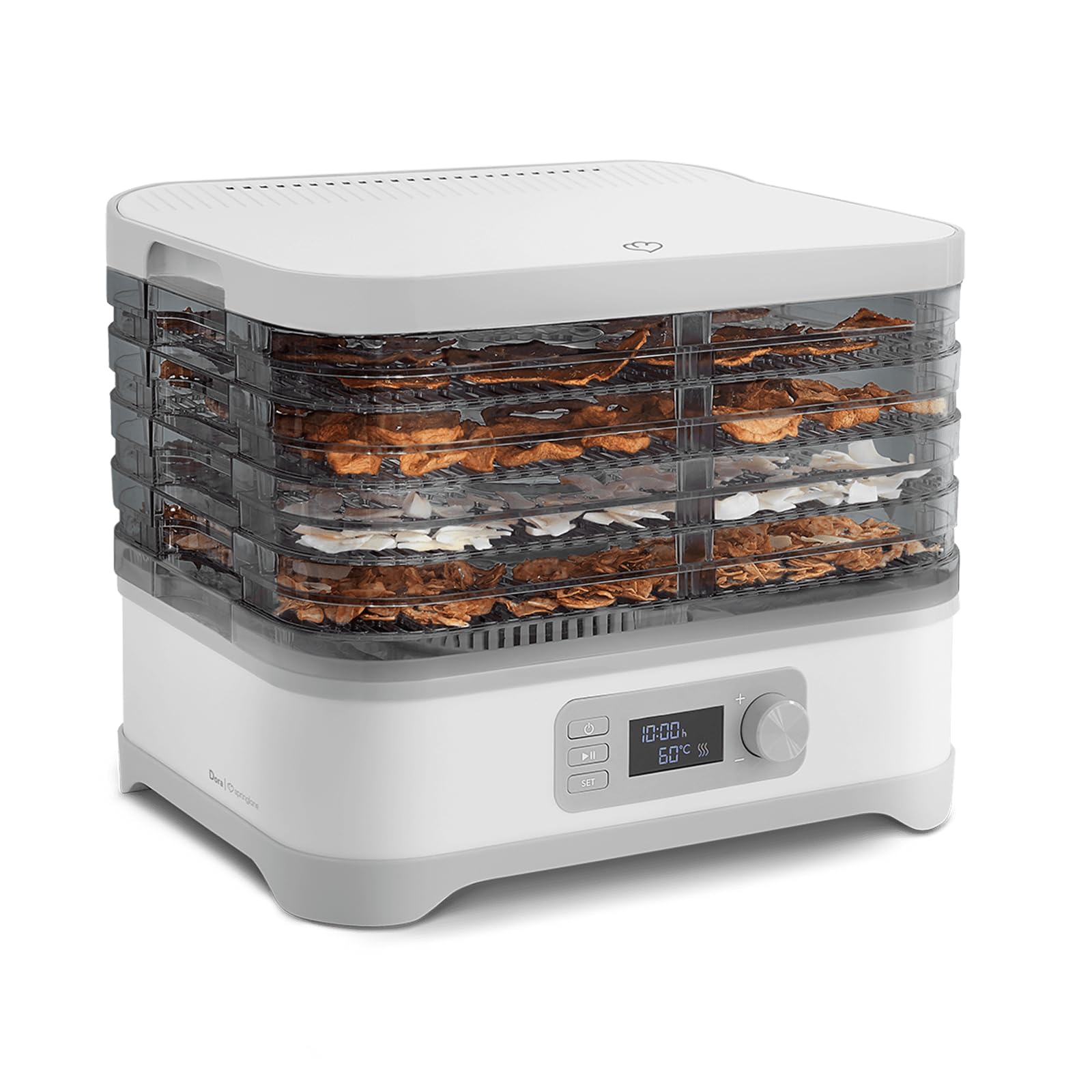 SPRINGLANE Deshidratador de alimentos gris/blanco, deshidratador de frutas verduras carne y hierbas, 5 bandejas de deshidratación, temporizador, temperatura ajustable, libro de recetas