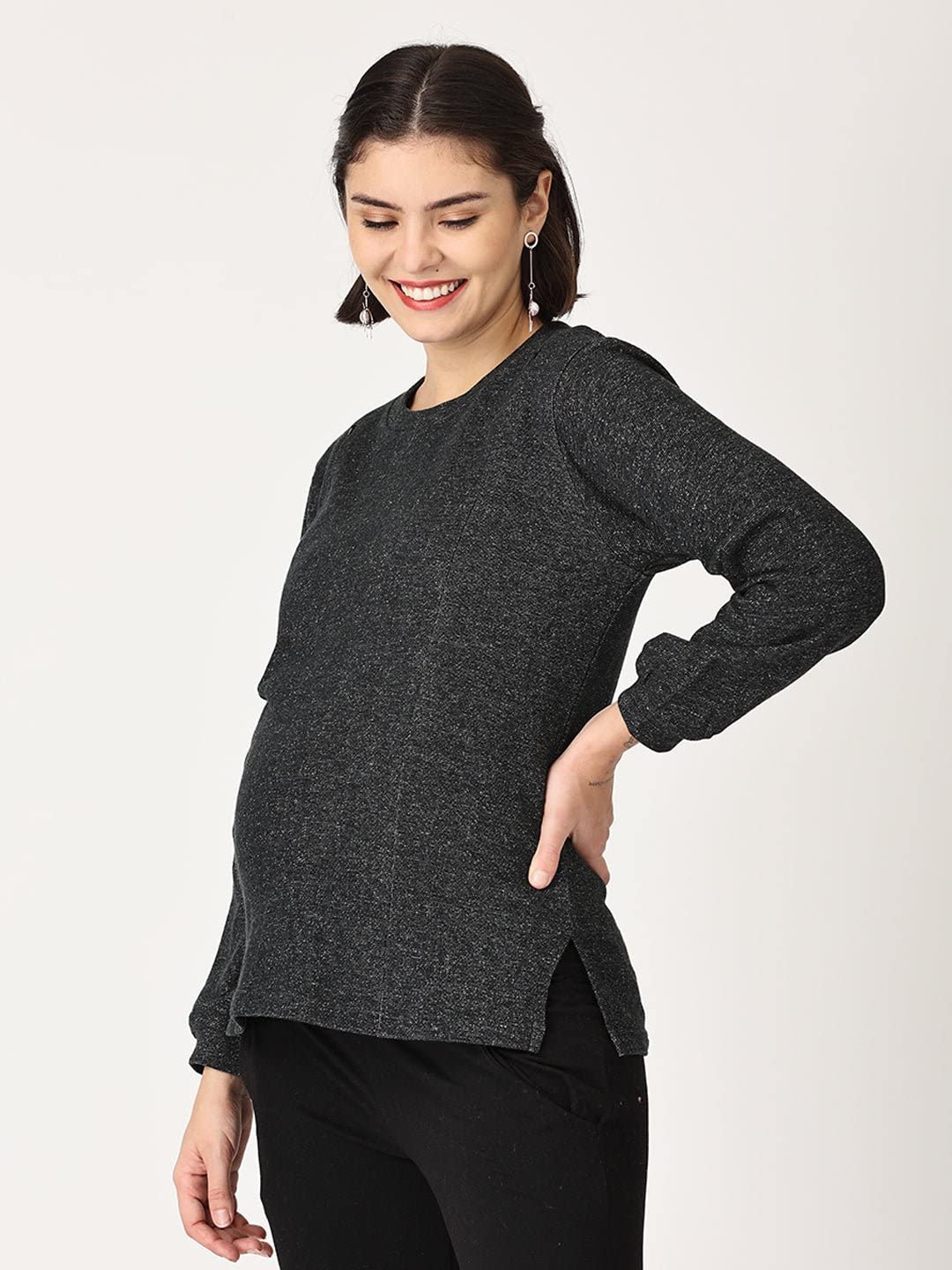 The Mom Store Maternity and Nursing French Terry Shimmered Sweatshirt | Concealed Zippers for Breastfeeding | Pre/Post Pregnancy | Black |M| 2