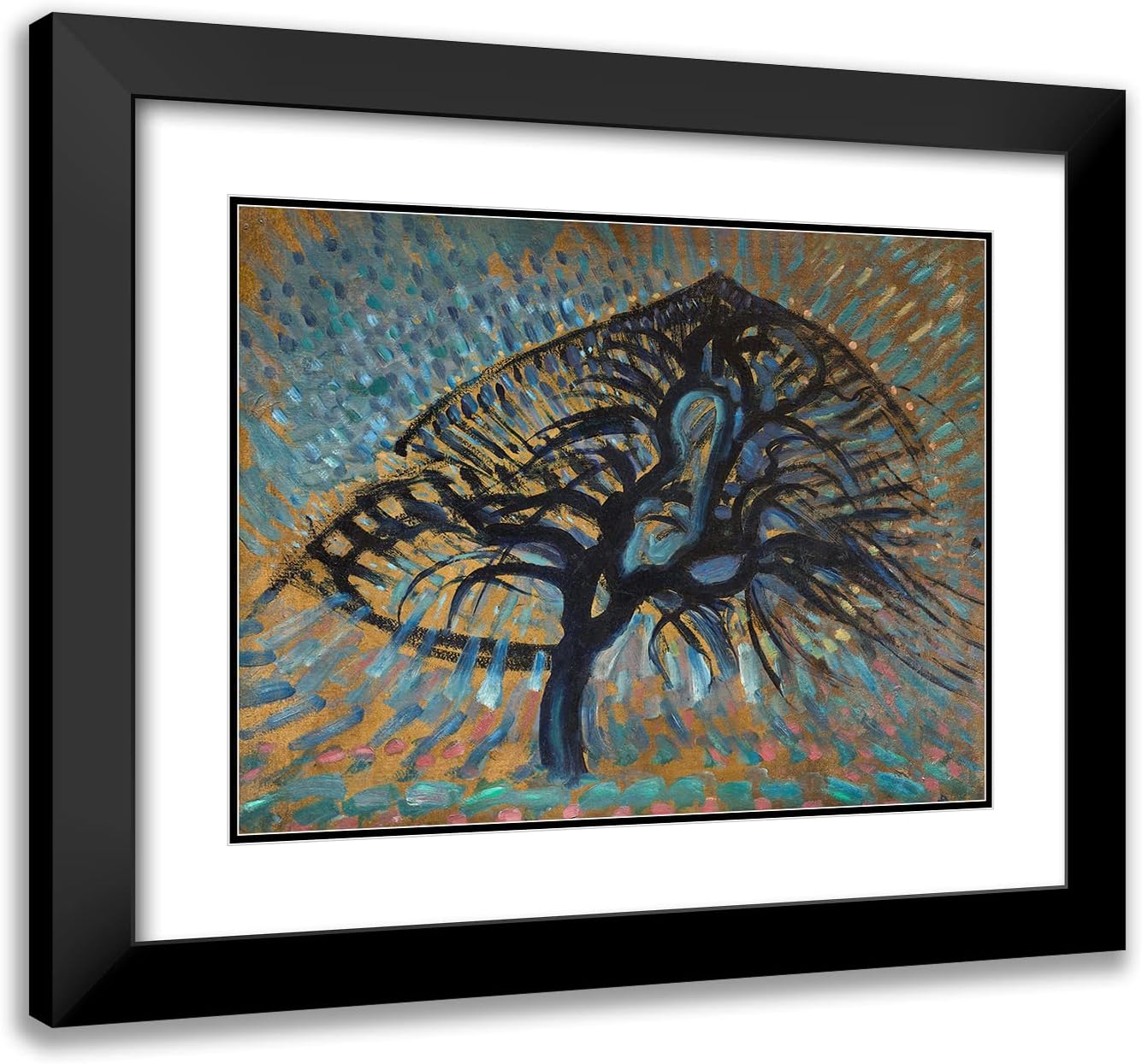 ArtDirect Piet Mondrian 24x19 Black Modern Frame and Double Matted Museum Art Print Titled - Apple Tree, Pointillist Version (1908-1909)