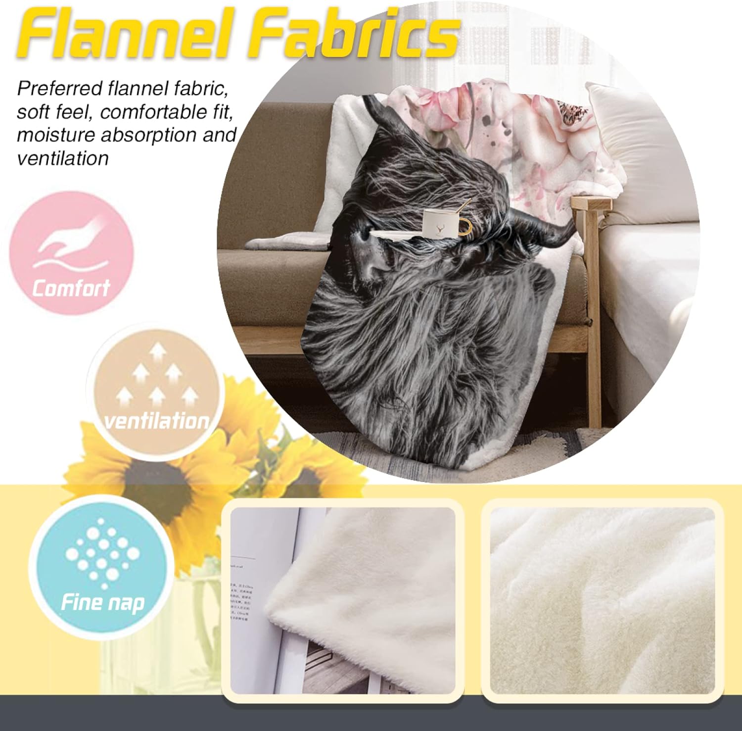 Highland Cattle Scottish Cow Soft Throw Blanket All Season Microplush Thick Warm Blankets Tufted Fuzzy Flannel Throws Blanket for Bed Sofa Couch 80"x60"