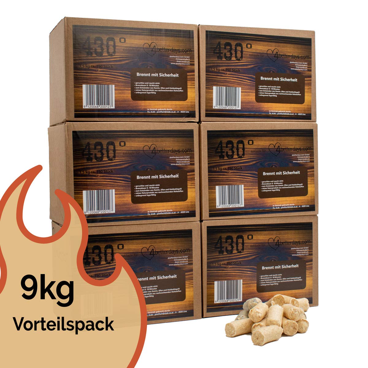 eLab 430° Öko Anzünder - 9 kg ca. 900 STK. - Kaminanzünder, Ofenanzünder, Grillanzünder, Brennholzanzünder, Premium-Holz & Wachs Anzündhilfe - Top Qualität