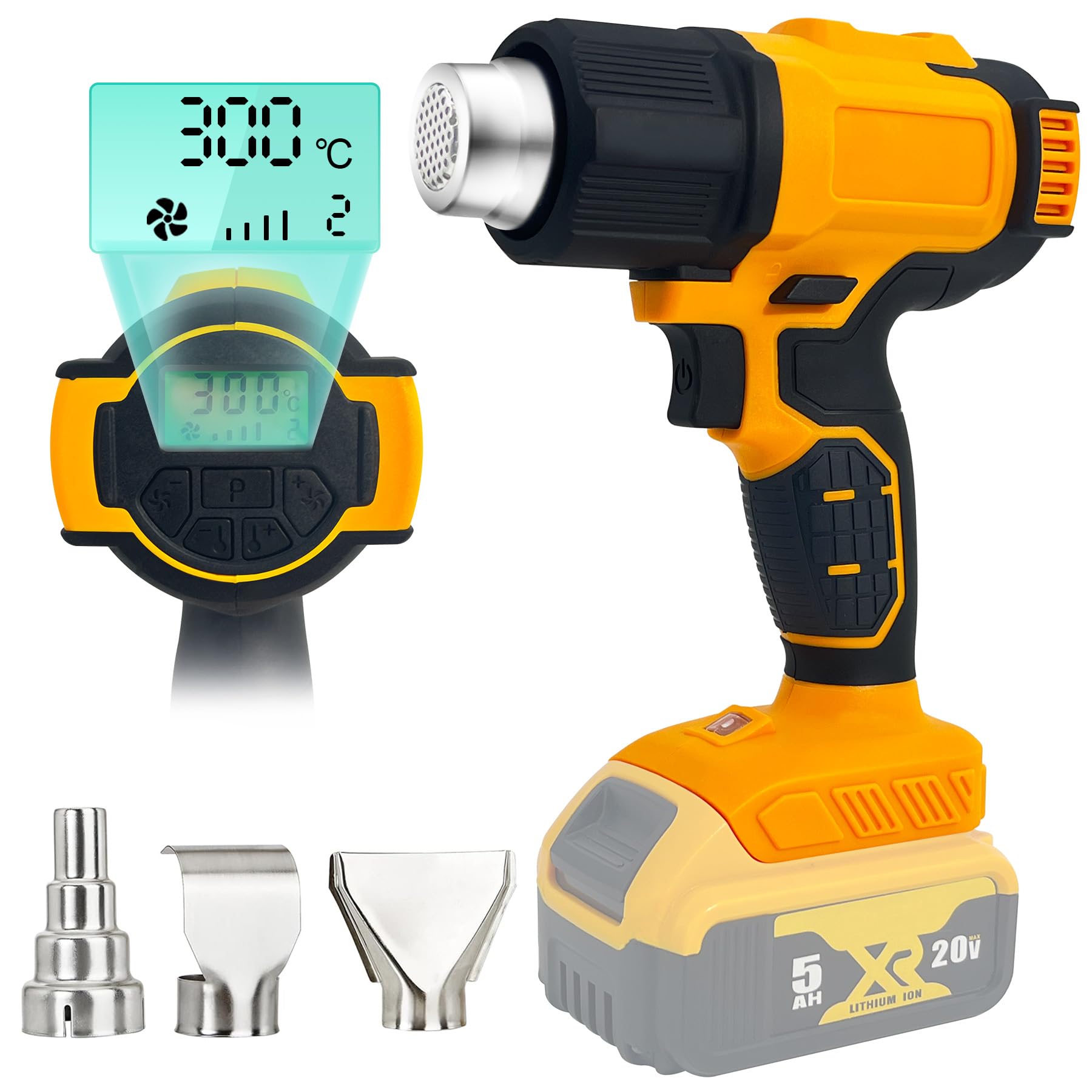 Cordless Heat Gun for Dewalt 20V Battery, 122-1022 Hot Air Gun with Digital LCD Display, Adjustable Temperature and Air Control with 3 Nozzles for Crafts, Shrinking PVC, Stripping Paint (No Battery)