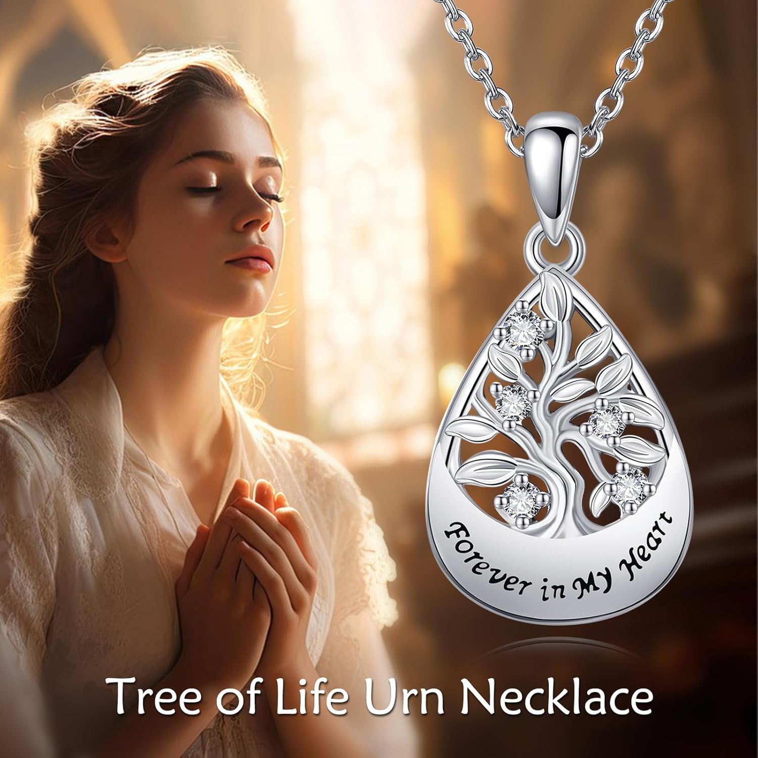 VONALA Tree of Life Urn Necklace for Ashes for Women 925 Sterling Silver Teardrop Urn Necklace Cremation Jewelry
