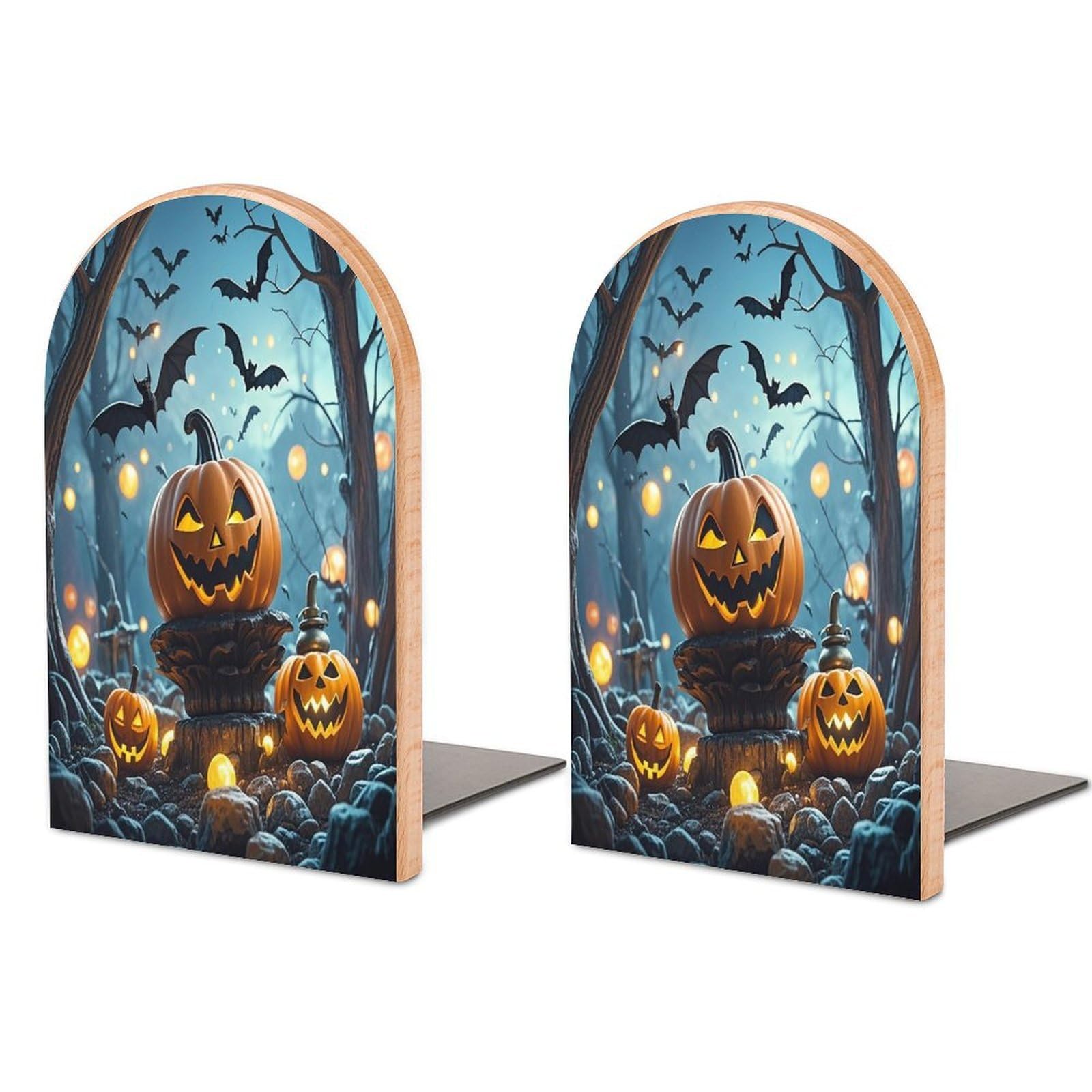 Halloween Flying Bats Bookend for Shelves Unique Book End Sturdy Books Holder Heavy Duty Wooden Bookends Support Non-Slip Book Organizers Decorative Modern Bookend Holder for Home