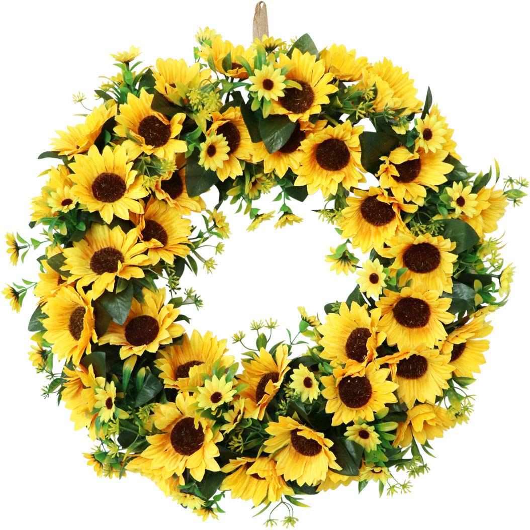 Ccuuhj Yellow-50Cm 50Cm Summer Artificial Sunflower Wreaths,Yellow Decorative Floral Door Wreath With Daisy,Green Leaves And Linen Ribbon For Wall Or Home Decoration (Yellow-50Cm)