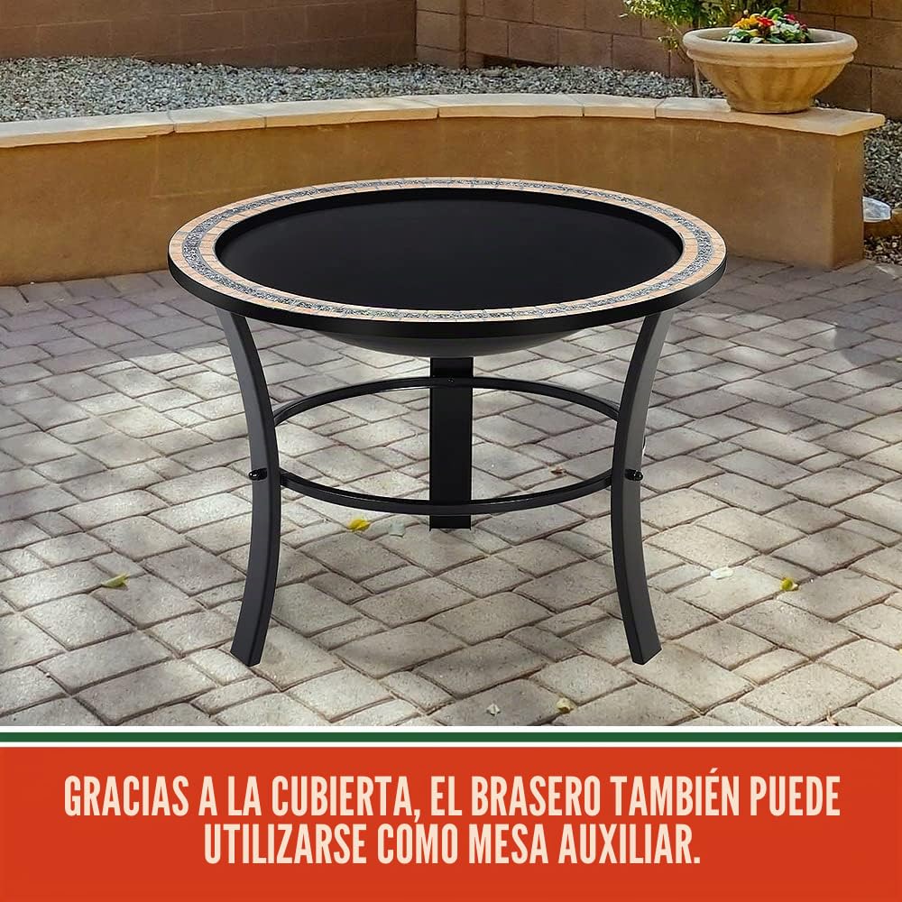 GARDEBRUK® Brasero Jardin Fuego Ø76cm Rejilla Antichispas Atizador Tapa Metal Redondo Chimenea Exterior
