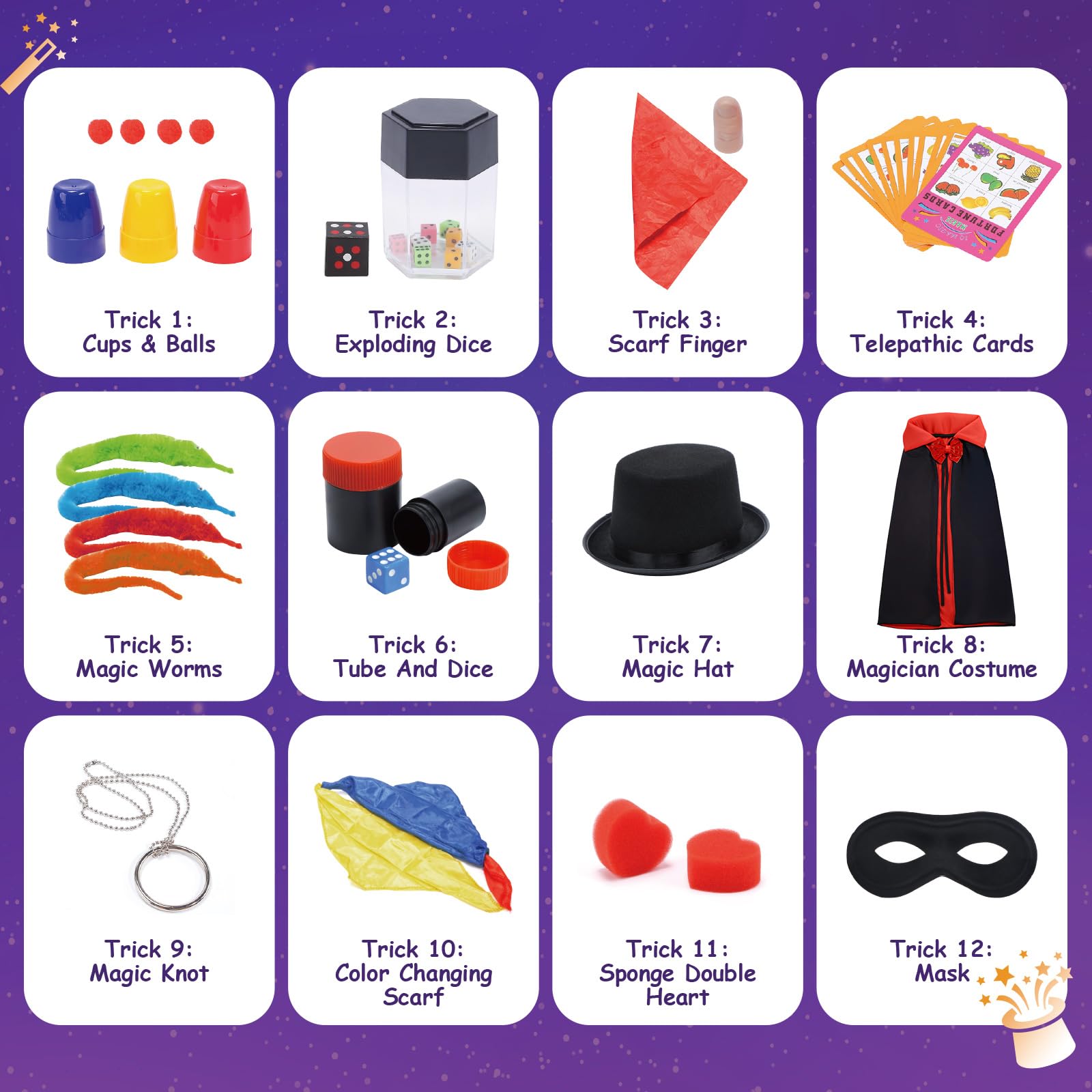 Kit de mago, disfraz de mago para juegos de simulación, trucos de magia para niños de 6 a 8 años, juego de magia para principiantes, regalo de cumpleaños para niños y niñas, 6, 7, 8, 9, 10, 11 6