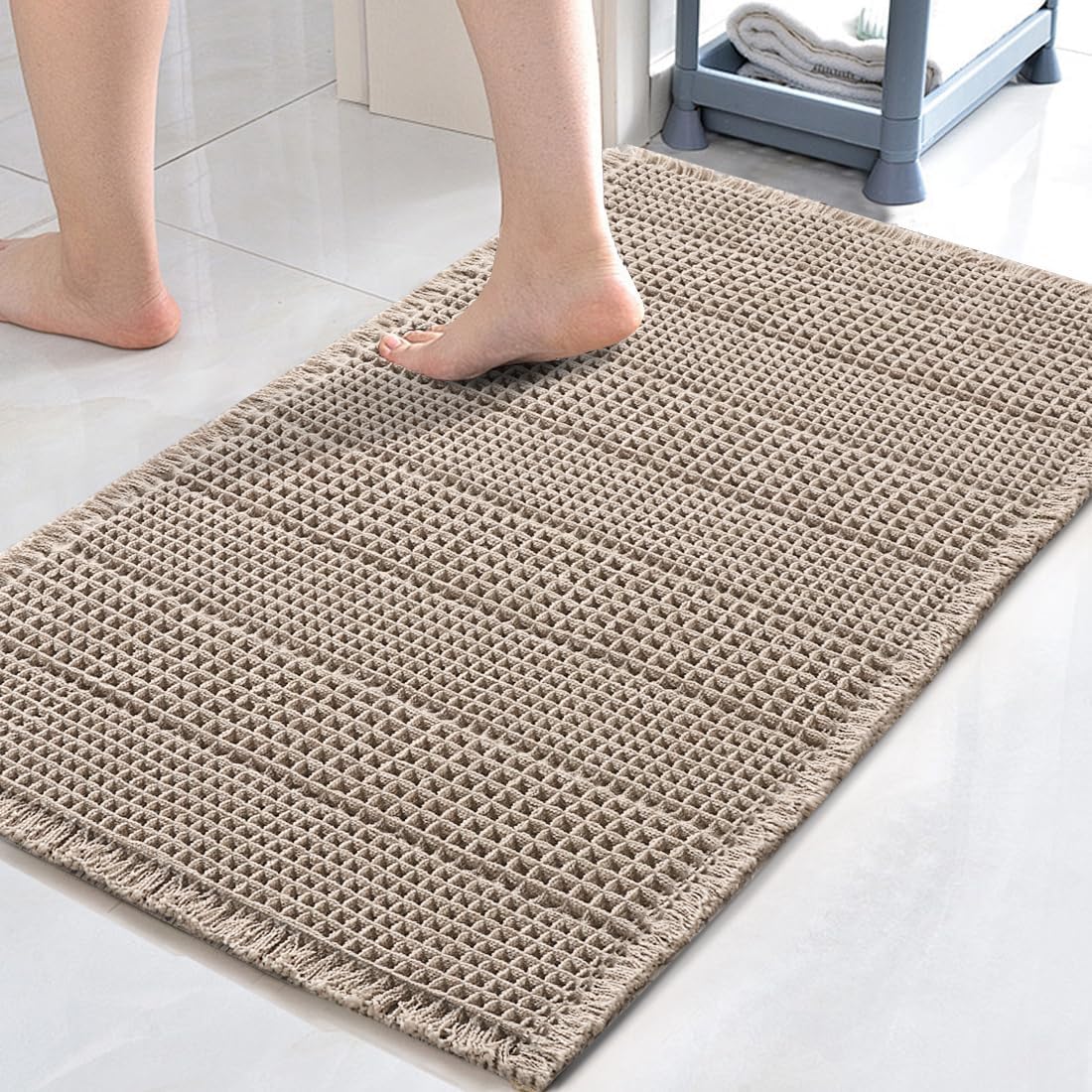 H.VERSAILTEX Upgraded Waffle Bath Mat Super Absorbent Bathroom Mats Non Slip Bath Rugs for Bath Floor Machine Washable Dry Fast Bathroom Rugs for Beside Tub, 17" x 24", Irish Cream