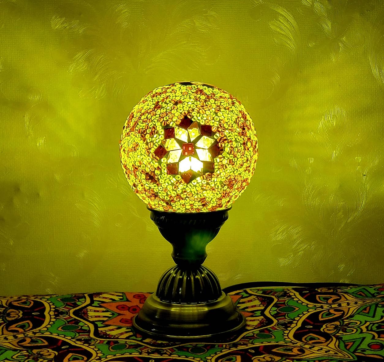 Maimeili Retro Turkish Mosaic Vase Lamp Turkish Moroccan Table Lamp Colorful Handmade Glass Vase with Wood Base for Flowers USB Charge Decor Light for Bedroom Ambient Living Room Farmhouse