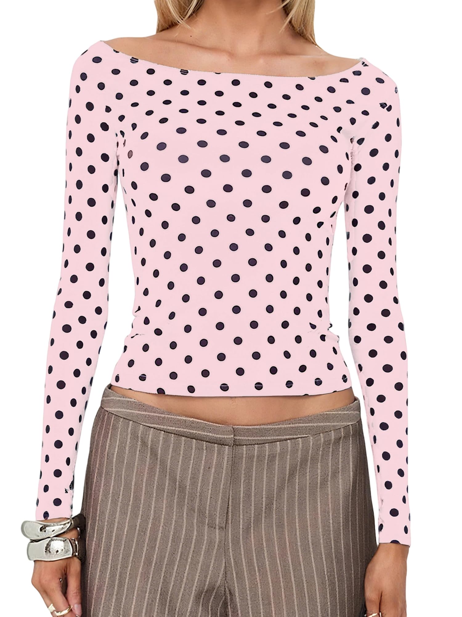 Women's Trendy Polka Dot Top Stretchy Slim Fit Basic Long Sleeve T Shirt Casual Going Out Crop Tops Streetwear (B-Pink, S)