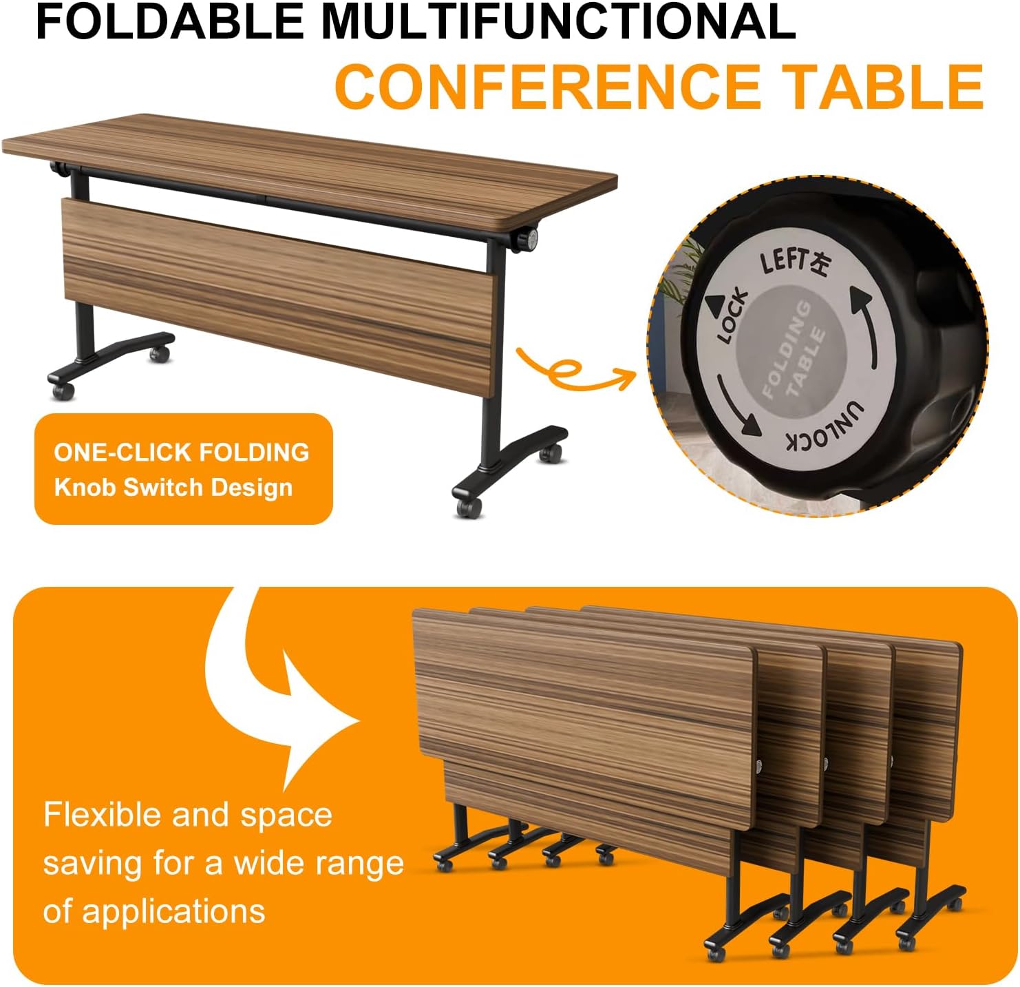 Conference Room Tables, 6 Pack Commercial Folding Table, Business Style Flip Top Mobile Training Tables Rolling Seminar Meeting Table with Caster Wheels for Boardroom (6PCS 140 * 60 * 75)
