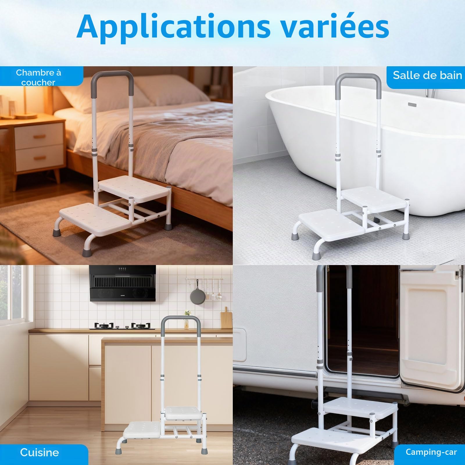 Marchepied de bain à 2 niveaux avec poignée, marches de bain pour entrer et sortir de la baignoire, marches robustes pour personnes âgées, 5 niveaux de réglage de la hauteur, supporte jusqu'à