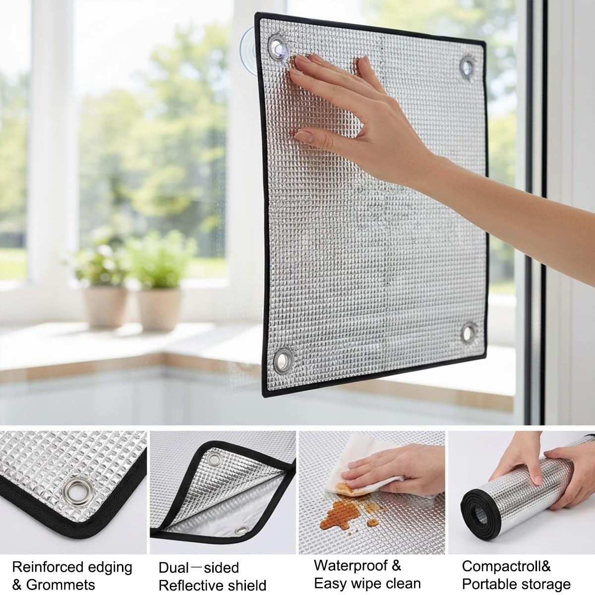 Pellicola Anti-Calore Per Vetri Finestre Per Veranda Balcone Tetto Camper | Anti Calore e Freddo Pannello Oscurante con Ventose Trasparenti Occhielli in Alluminio(150x300cm)