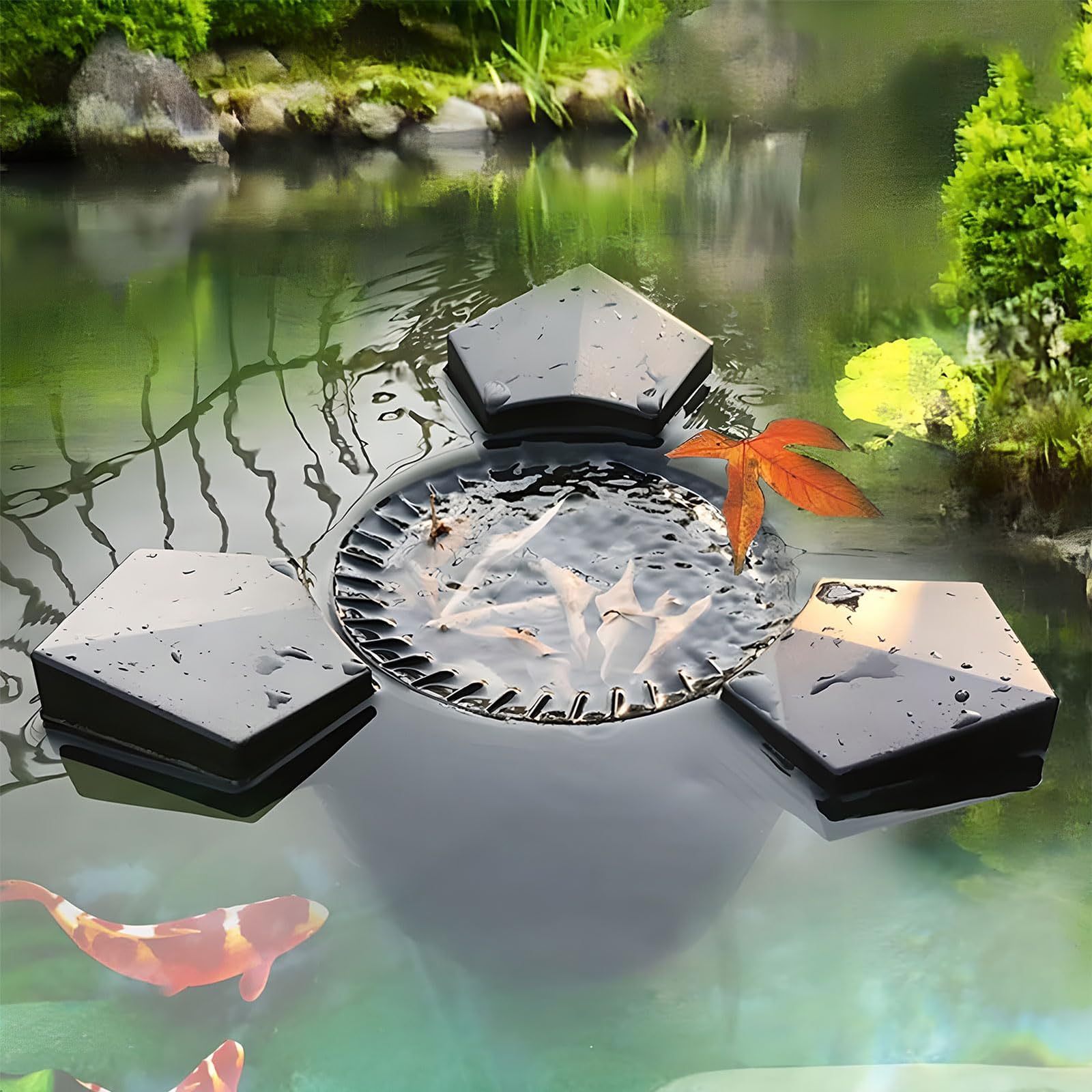 Skimmer flotante para estanques, limpiador automático de superficies con cesta de hojas y aireador para estanques de peces de jardín y piscinas de hasta 15 m³, 43 W de succión de agua