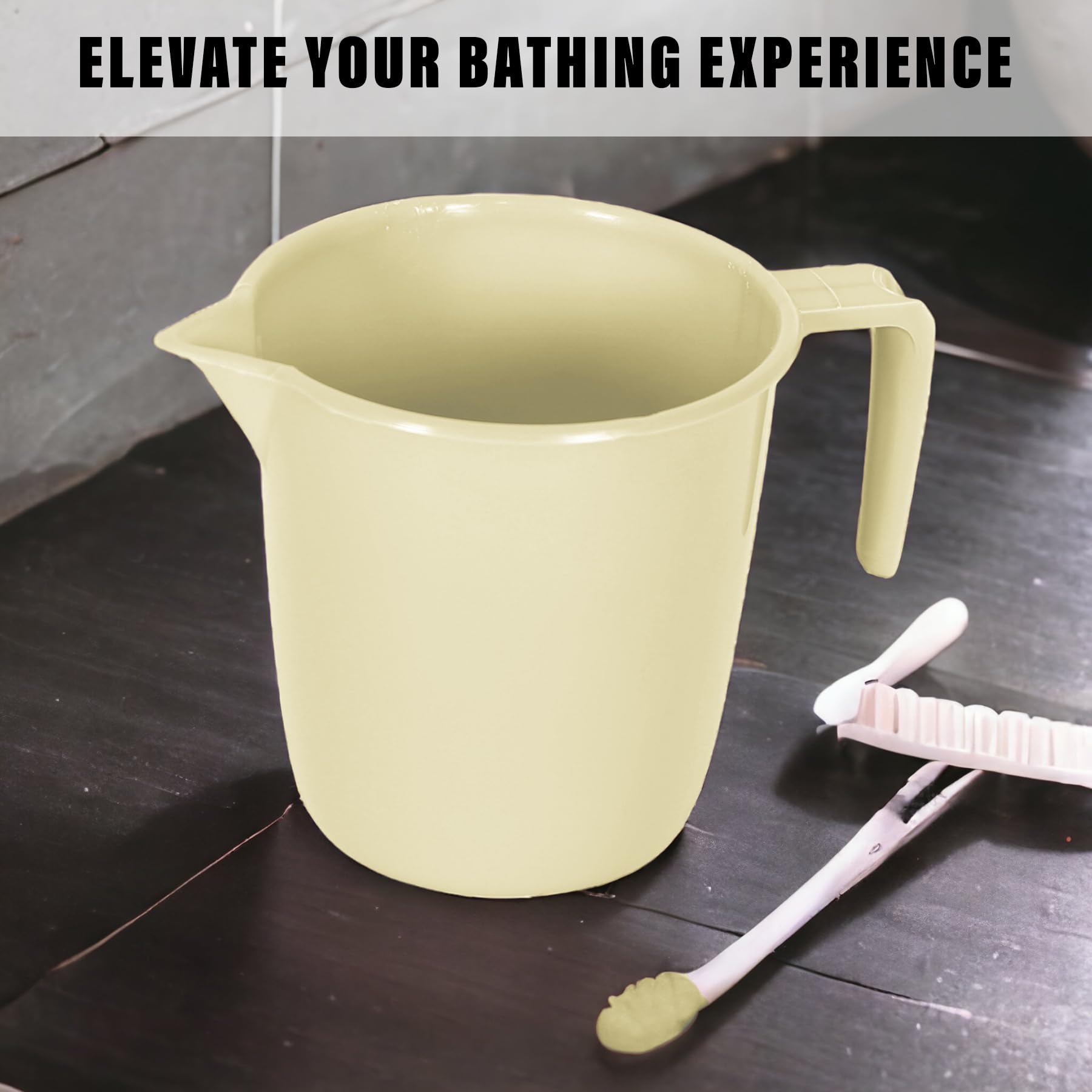 Kuber Industries Pack of 5 Multi-Functional 1.5 LTR Plastic Mug for Bathroom | Durable for Daily Use in Bathrooms | Sturdy and Lightweight Bathing Mug for Rinsing and Showering | Beige 3