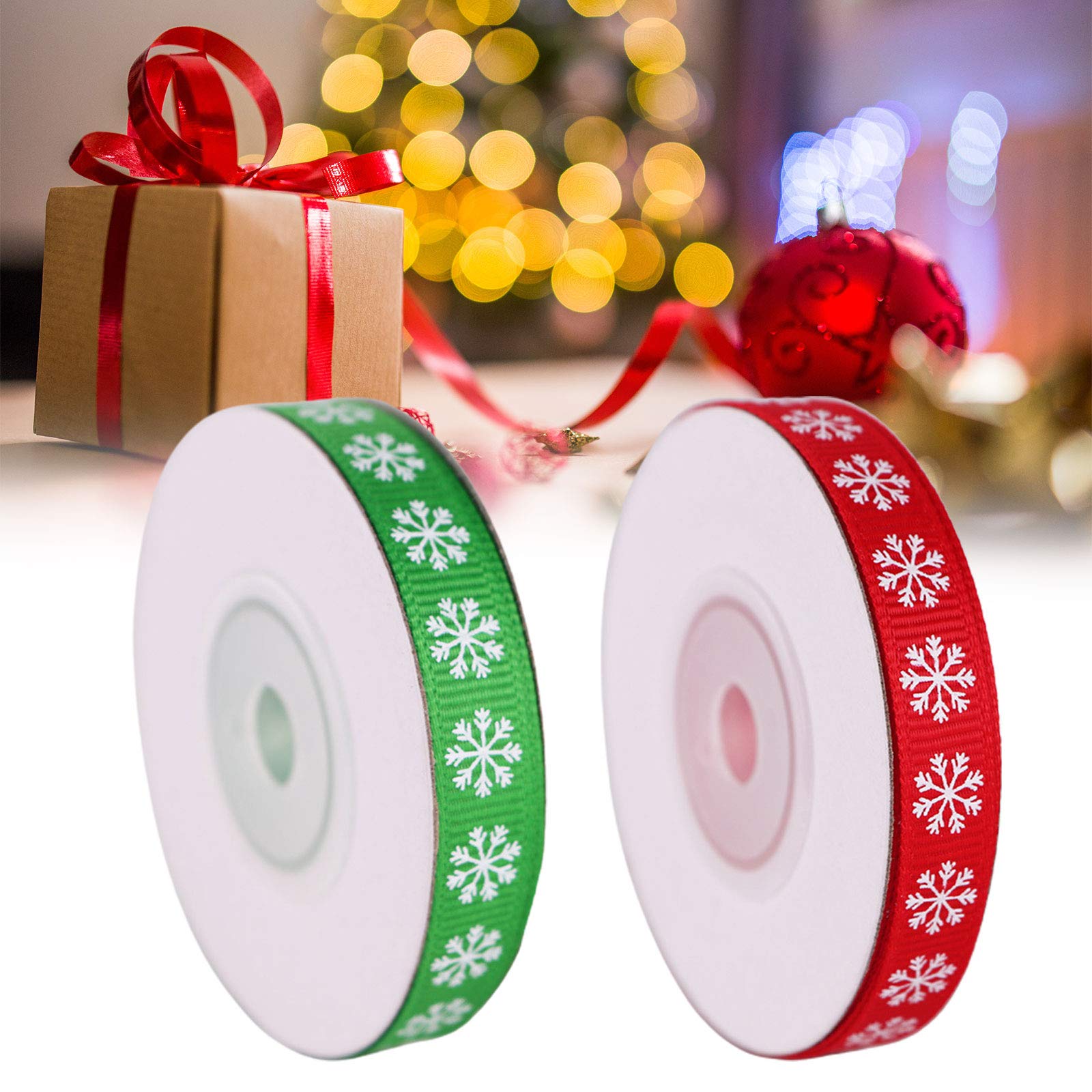 15 Rolls Snowflake Printing Christmas Red Green Grosgrain Ribbon Roll for Wrapping Holiday