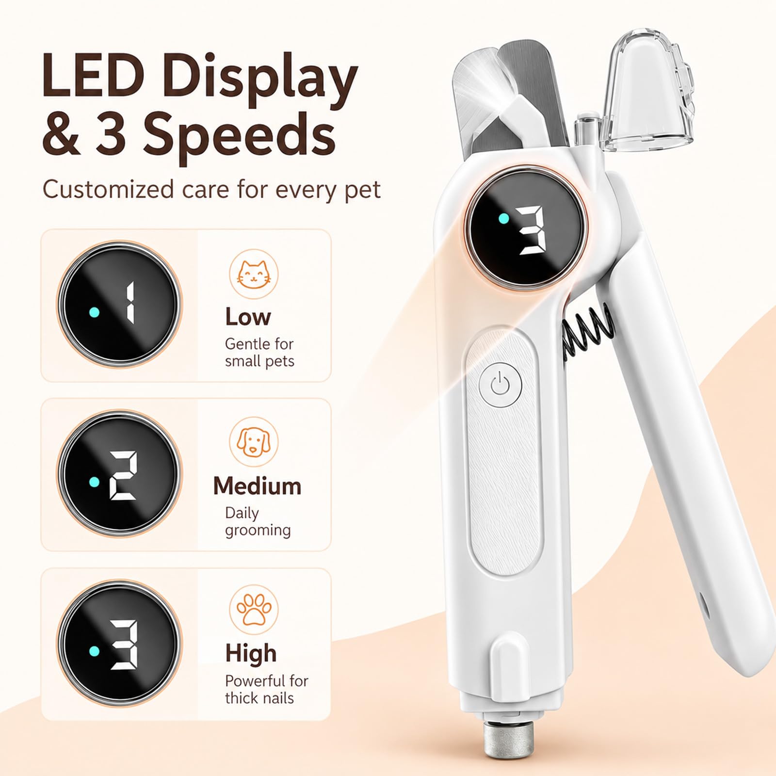 Tagliaunghie 2 in 1 per animali domestici, con luce LED, silenzioso, ricaricabile USB-C, per cani, gatti, cuccioli e gattini