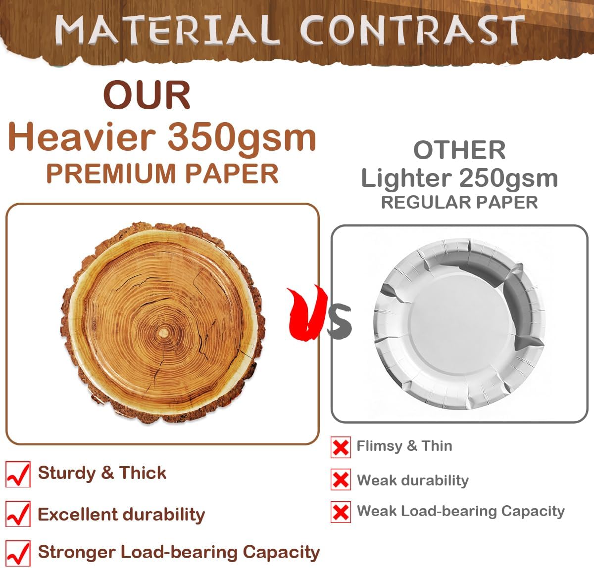 175 Pieces Camping Wood Grain Slice Tableware Set Rustic Wood Party Decorations Plates Napkins Cups Knives Fork Spoon for Hunting Birthday Party Decorations Serve 25 Guests