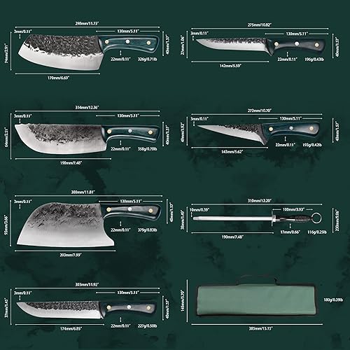 Miniatura 2 de FULLHI Juego de cuchillos de carnicero portátil de 12+3 piezas, mango de madera verde con bolsa para cuchillos, cuchillo de chef forjado a mano,