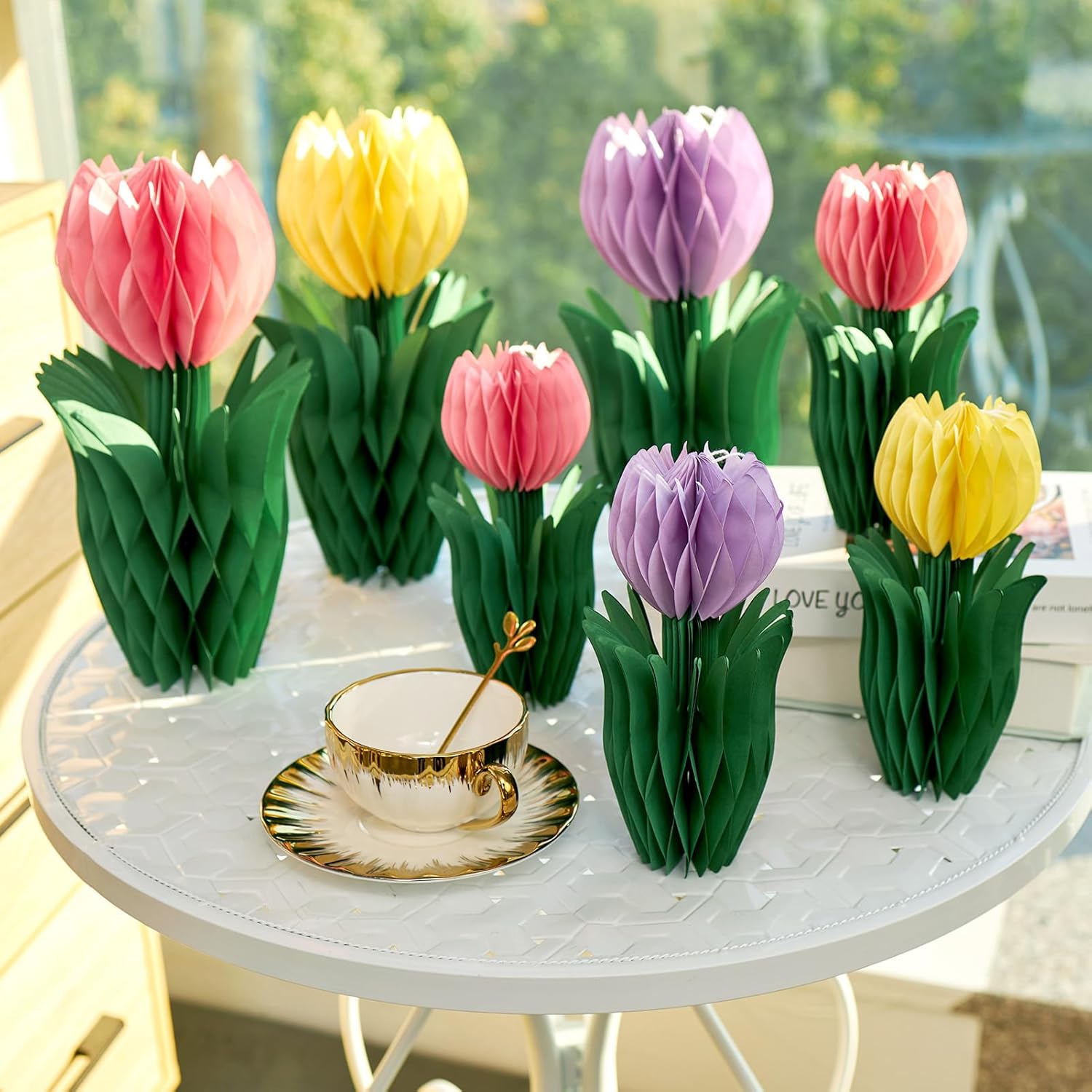 PAPER JAZZ Tulip Paper Flower Centerpieces for Table Spring Party Decorations for Table Pastel Tulip Honeycomb Mothers Day Decoration, Floral Centerpieces for Easter Party Birthday Tea Party