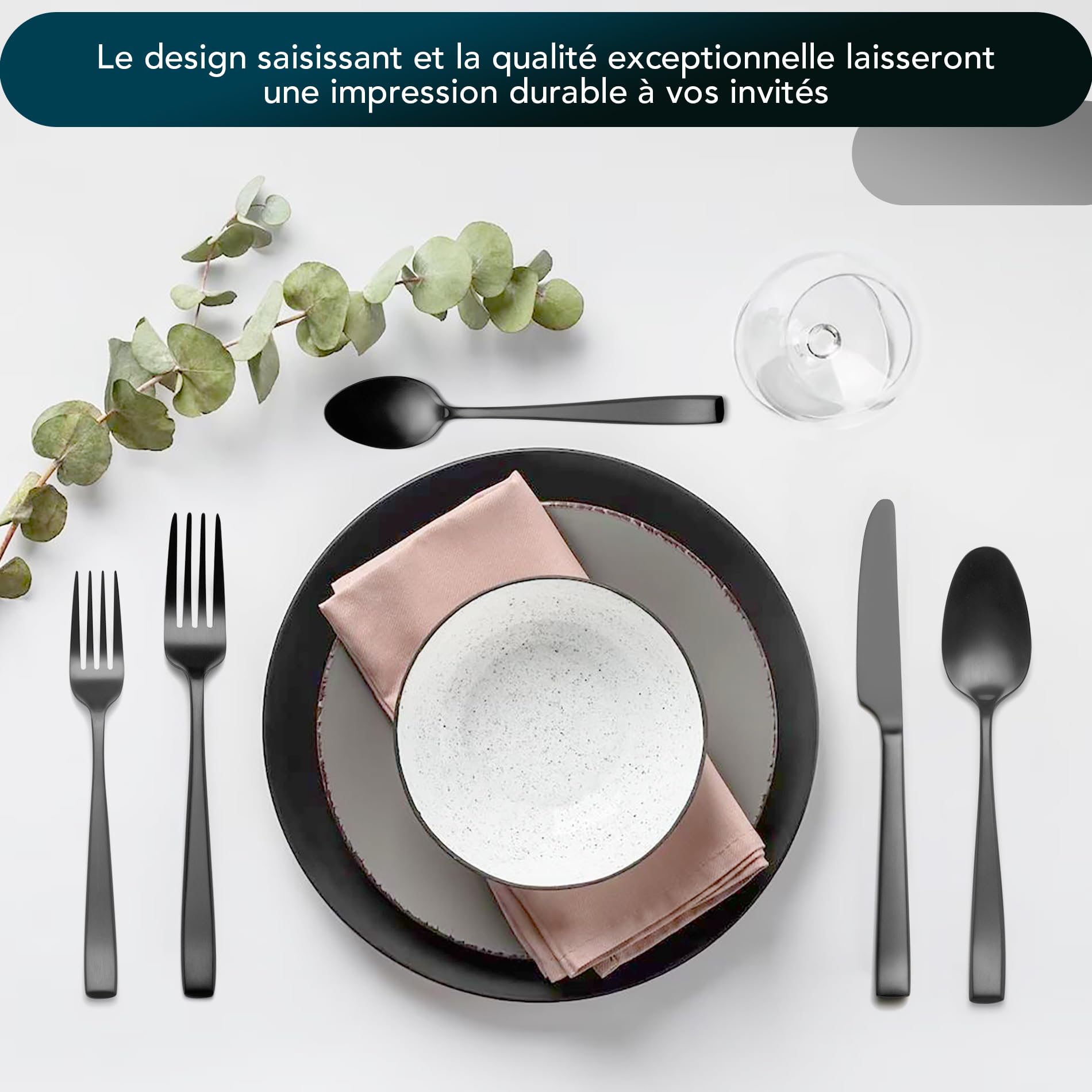 Lot de 30 couverts en acier inoxydable de qualité supérieure pour 6 personnes avec poignées uniques, couverts noirs modernes avec couteau, fourchette, cuillère