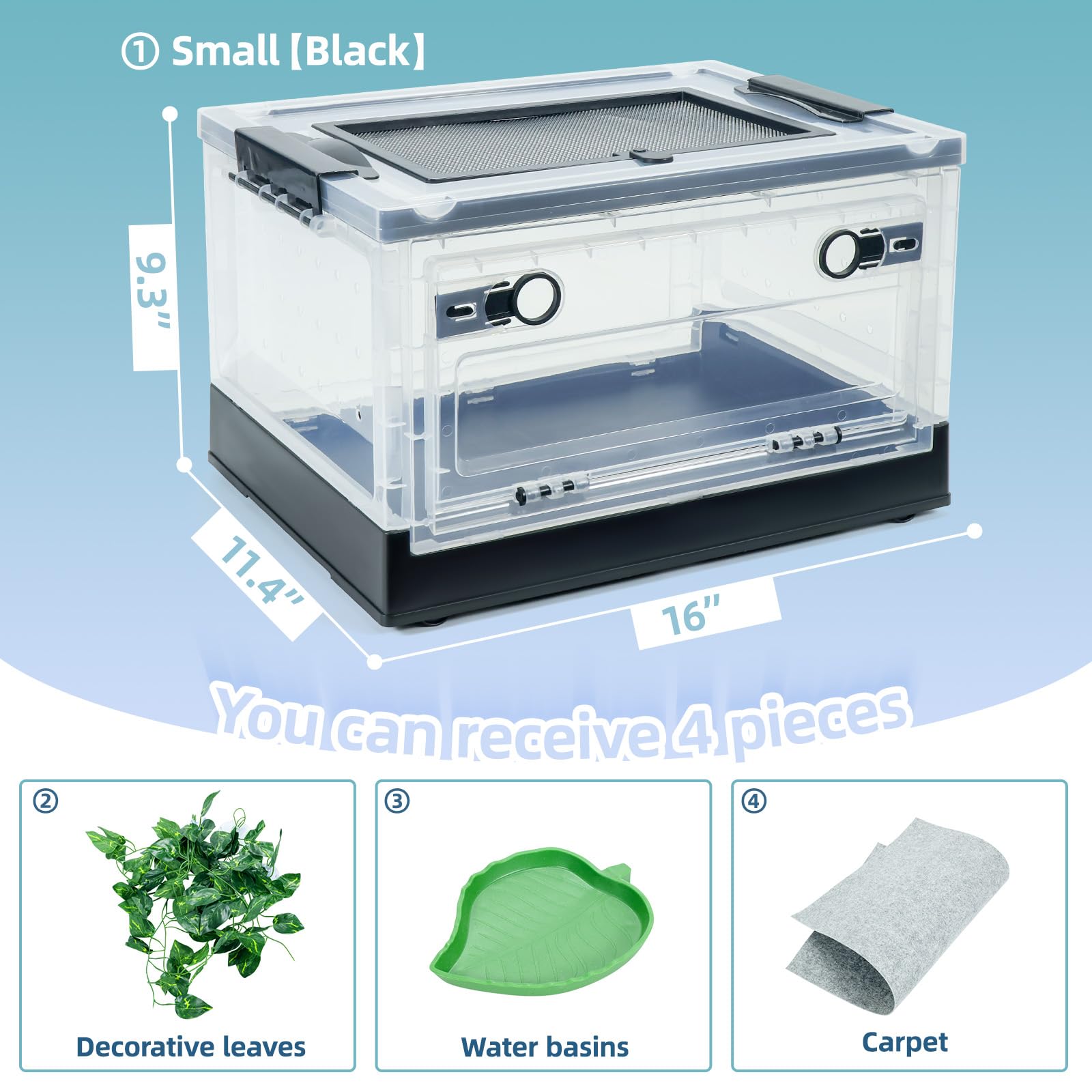 Terrarios plegables para reptiles de 16 pulgadas, tanques de serpientes y recintos para dragones barbudos, iguanas, lagartos, gecos crestados, vistas claras, portabilidad, ventilación de malla