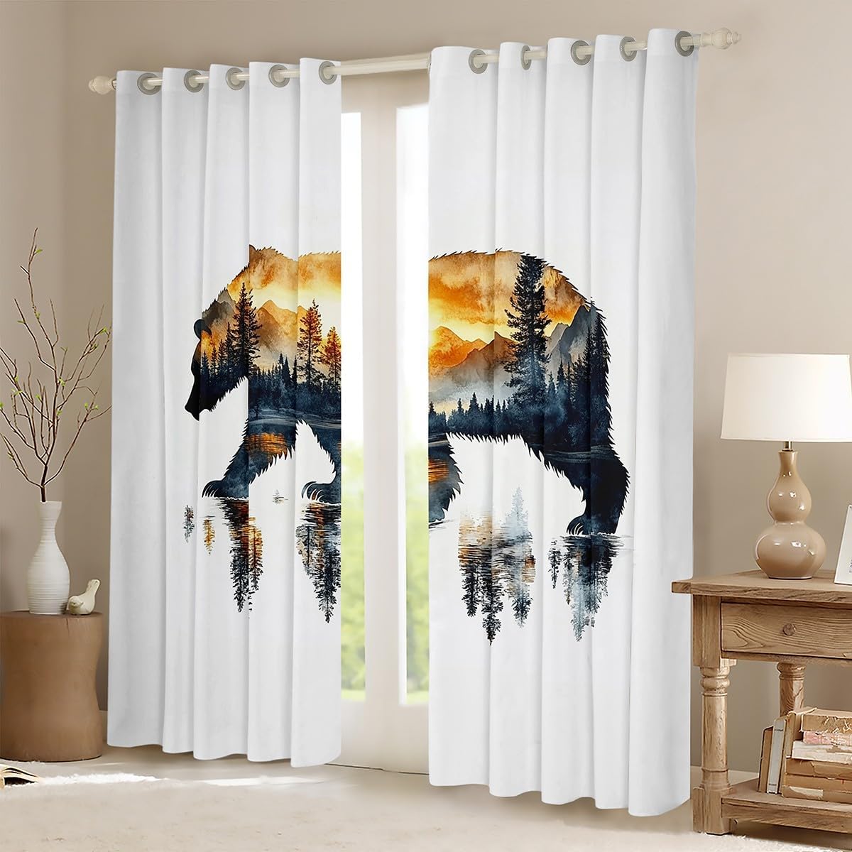 jejeloiu Cute Bear Curtains for Living Room (2 Panels, 52 x 84 Inch) Wild Animal Blackout Curtains Rustic Cabin Country Nature Wildlife Bear Darkening Drapes Farmhouse Window Treatments