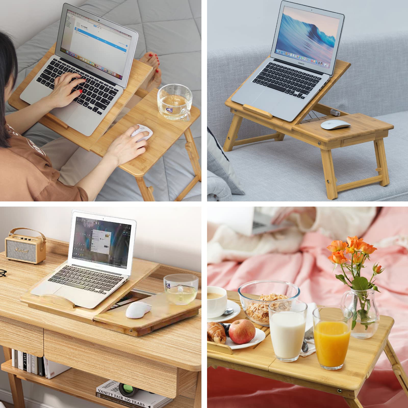 Todeco Plateau de Lit Pliable, Table de lit Pliable pour Ordinateur | Plateau ajustable 5 positions, Bureau Bambou avec Grande Ventilation, 55,1 x 35,1 x (22-32)cm