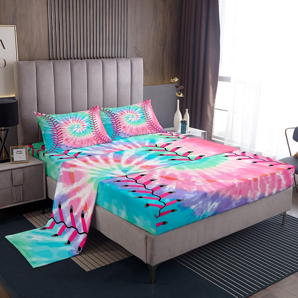 Feelyou Tie Dye Baseball Kids Sheets with Deep Pocket Fitted Sheet Twin,Softball Bed Sheets Set for Boys Girls Sports Game Sheet Set for Teens Sports Bedding Set Microfiber Soft Bed Set