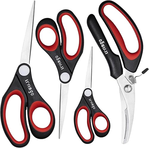 LIVINGO Juego de 4 tijeras multiusos afiladas y resistentes para cocina, cocina, costura, corte, aves, alimentos, papel, manualidades, oficina,
