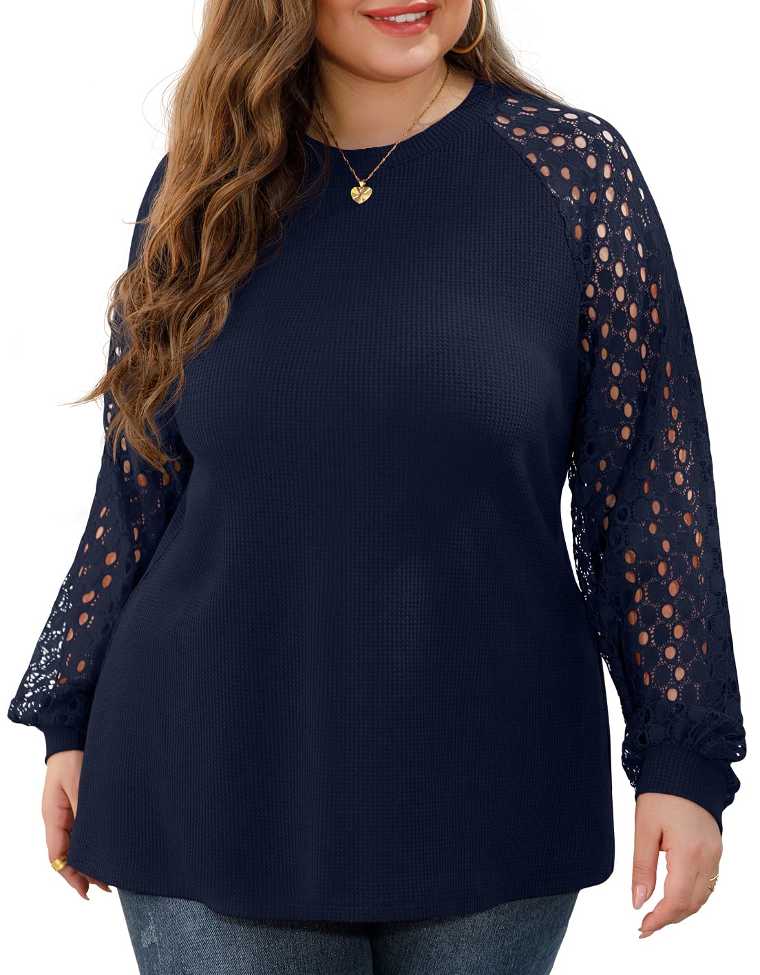 OLRIK Plus Size Clothes for Women Lace Blouse Waffle Knit Long Sleeve Womens t Shirts Casual 2025