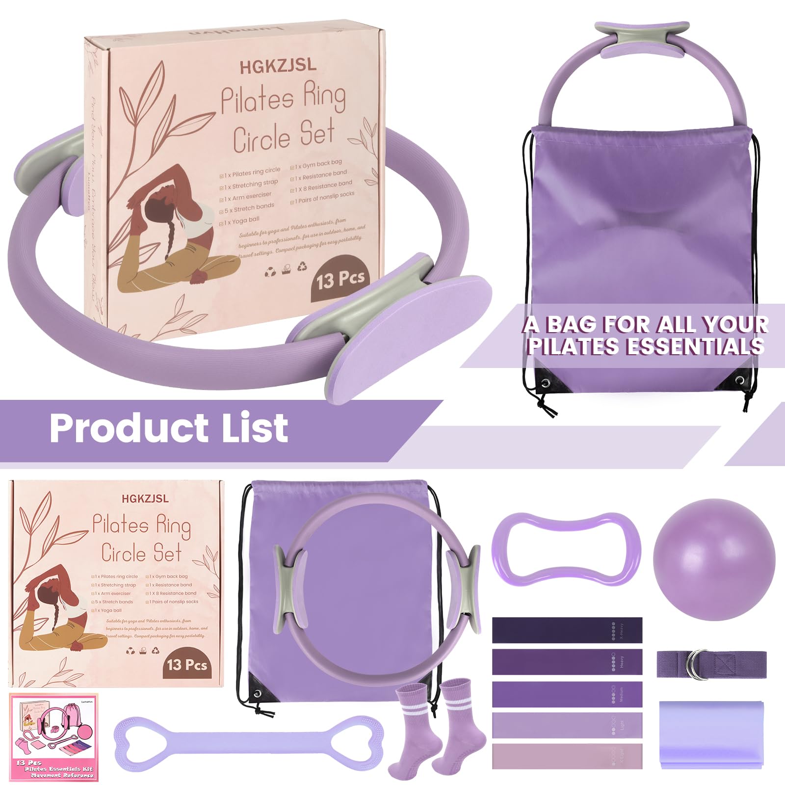 HGKZJSL Home Pilates Essentials Kit for Women,Pilates Equipment Set with 9 Inch Yoga Ball,Figure 8 Resistance Band,Pilates Bands & Accessories,Pilates Ring and Ball Set for Beginners Home Workouts: Lavender