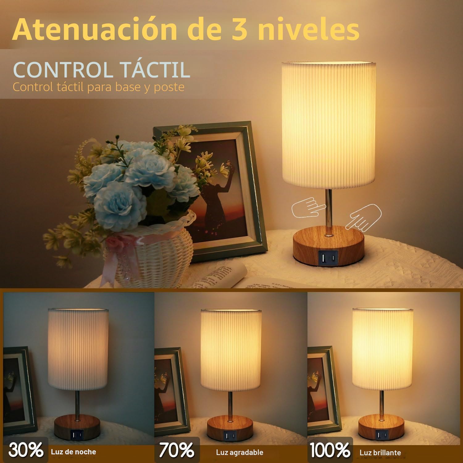 HSLighting Lámpara De Mesita De Noche, Táctil Regulable Lámpara De Mesa Con Función De Carga USB A+C 2 Bombillas LED Pantalla De Lino, Lámpara Pequeña Para Dormitorio Oficina Salón Dormitorio
