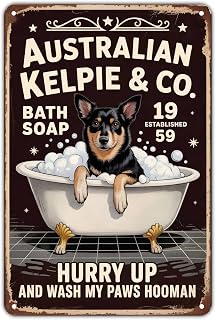 Australian Kelpie Bath Soap tin sign, Vintage Dog Breed Metal Sign print Aesthetic Room Decoration for Home Bedroom Kitchen Bar Coffee Bathroom Indoor Outdoor Wall Decor, 8 X 12 IN