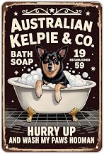 Australian Kelpie Bath Soap tin sign, Vintage Dog Breed Metal Sign print Aesthetic Room Decoration for Home Bedroom Kitchen Bar Coffee Bathroom Indoor Outdoor Wall Decor, 8 X 12 IN