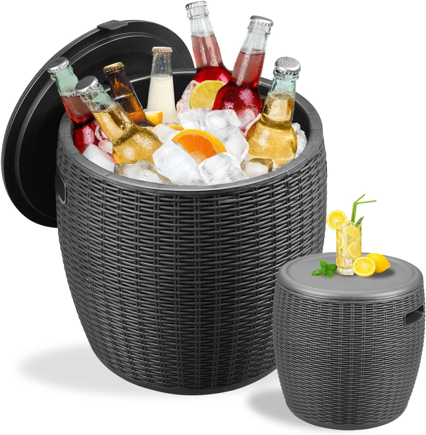 DOIT Outdoor Cooler Table for Patio and Deck, 9.5 Gallon All-Weather Resistant Wicker Ice Cool Bar Table with Lid, Side Handles & Drain Plug for Beverage, Wine & Beer, Rustic Patio Decor : Everything Else