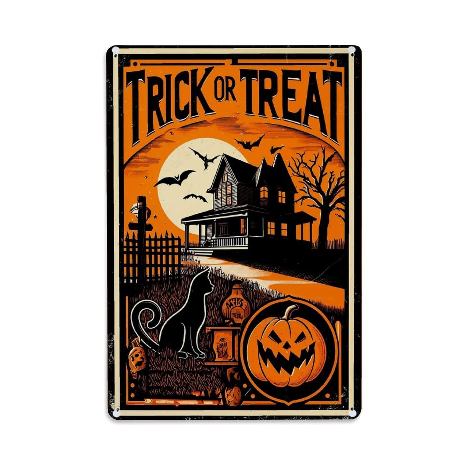 Trick Or Treat Halloween House Retro Metal Tin Sign, Vintage Decor Art Poster for Bar, Home, Man Cave, Kitchen, Laundry Room Gift 8x12Inch