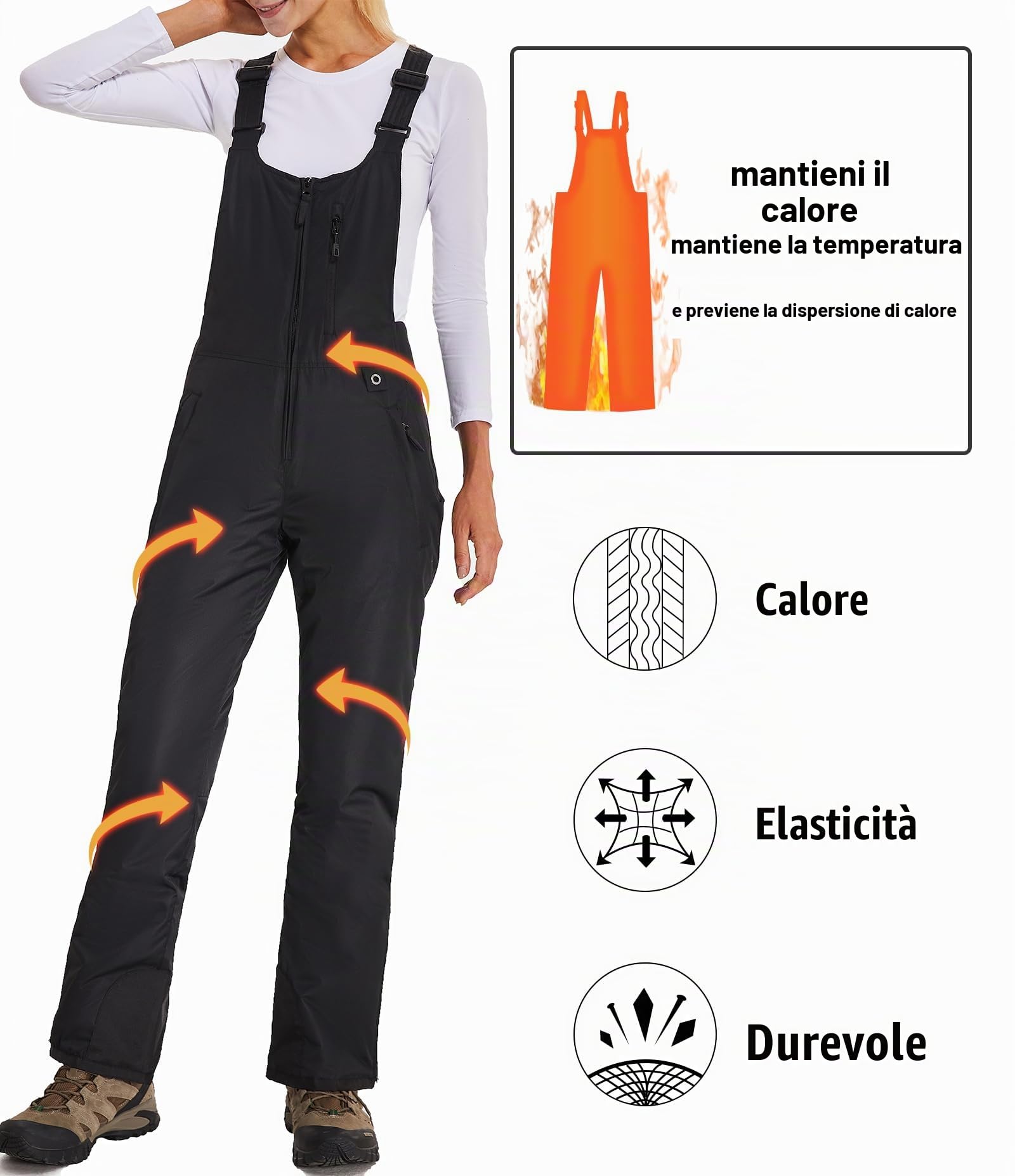 Pantaloni Sci Donna Inverno Salopette Neve Impermeabile Pantaloni Snowboard Isolata Antivento Caldo Pantaloni Softshell con Tracolla Regolabile e Tasche Multiple HXK8668W-Black-M