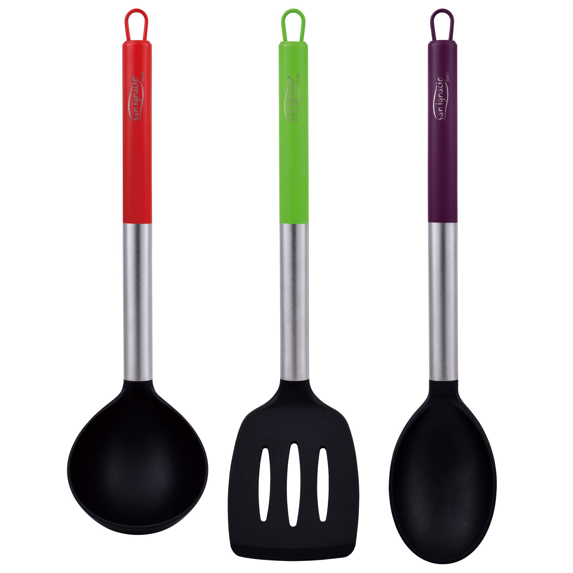 San Ignacio Set 3pc sarten (20+24+28cm) aluminium pressé vert avec Set 3pc ustensiles de cuisine en nylon avec Set 4pc couteaux en acier inoxydable