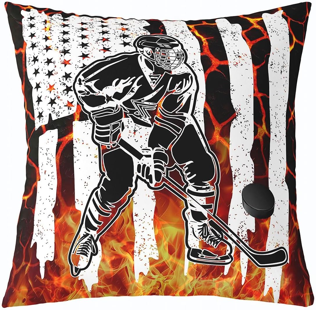 Manfei Hockey Throw Pillow Cover Orange Fire American Flag Double Sides Pillow Case for Kids Boys Girls Room Decor,Ball Sports Gaming Theme Cushion Cover for Bed Couch Sofa,1 Pack 18"x18"
