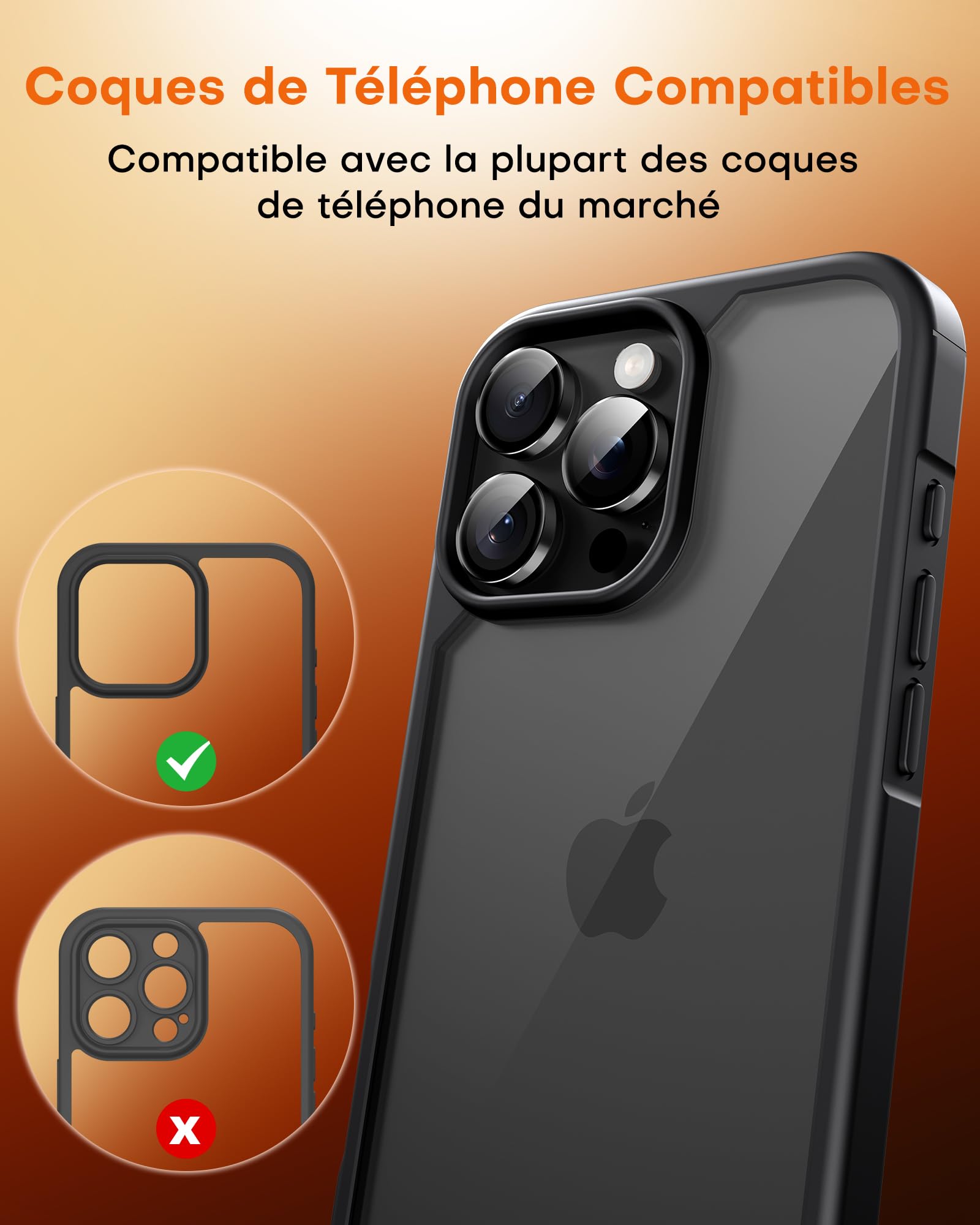 TOCOL Lot de 2 Protection Caméra pour iPhone 16 Pro Max, iPhone 16 Pro, Résistant aux Rayures, Antichoc, Anti-Buée, Installation Facile, Verre Trempé HD Protections d'Objectif, Noir