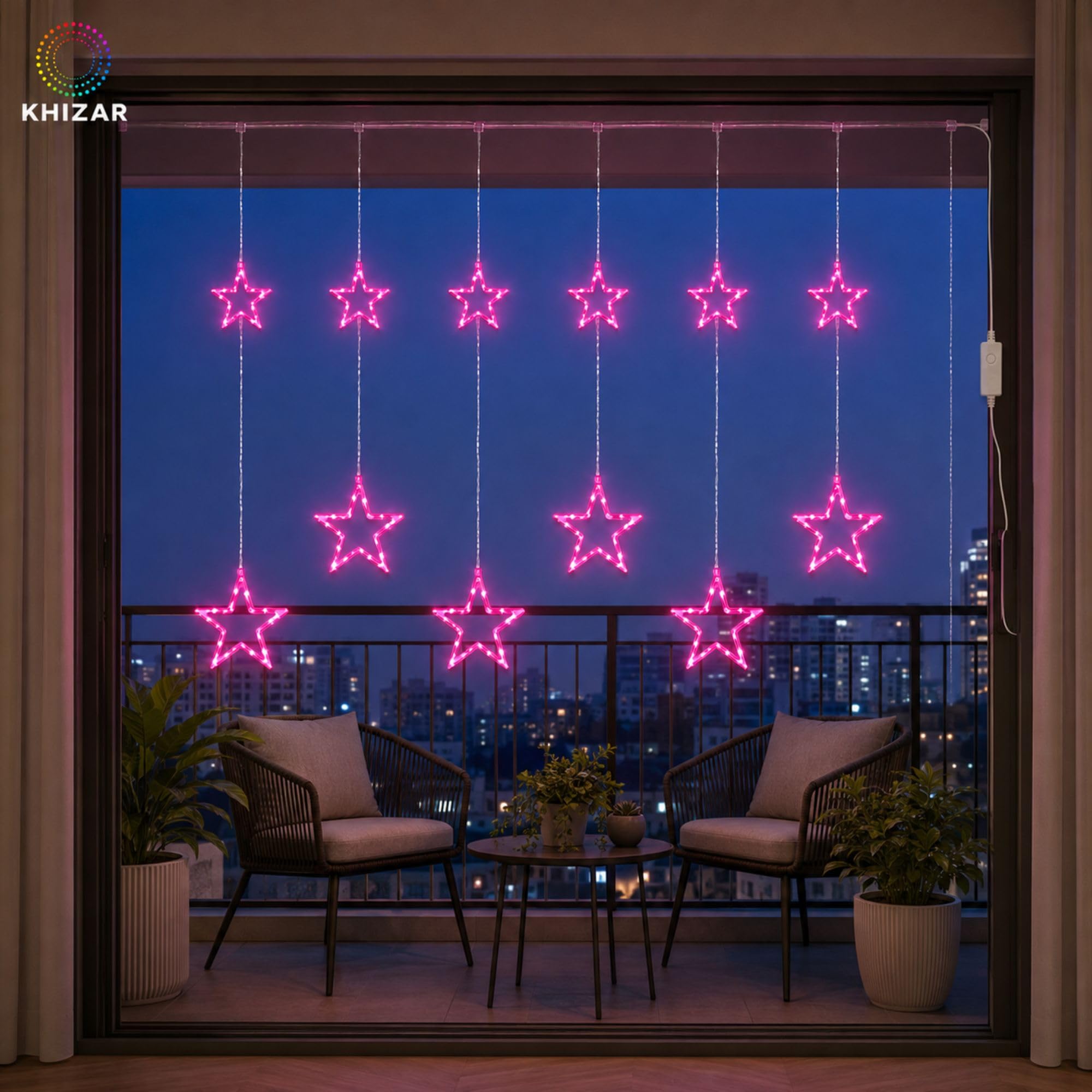KHIZAR 6+6 Star Curtain LED Light, Pink, Plug-in, 8 Lighting Modes for Window, Bedroom, Balcony and Festival Décor 3